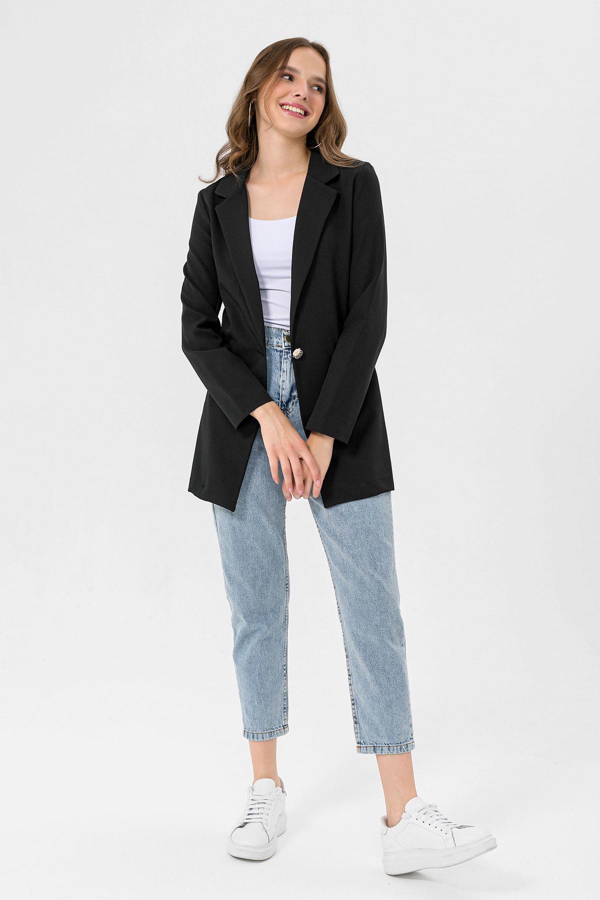 Kadın Tek Düğme Çift Cepli Blazer Ceket