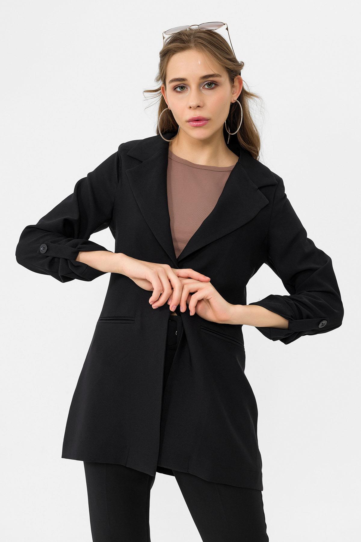 Kadın Tek Düğme Çift Cepli Blazer Ceket