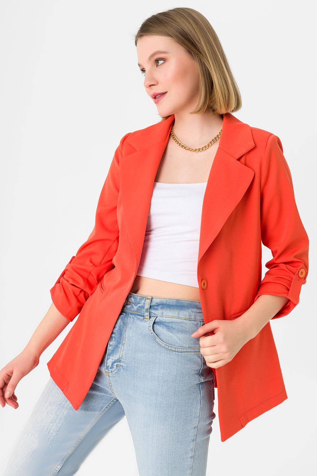 Kadın Tek Düğme Çift Cepli Blazer Ceket