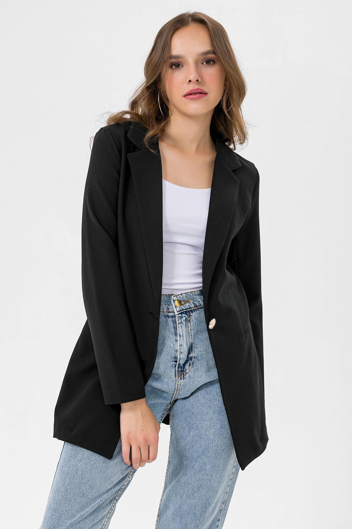 Kadın Tek Düğme Çift Cepli Blazer Ceket