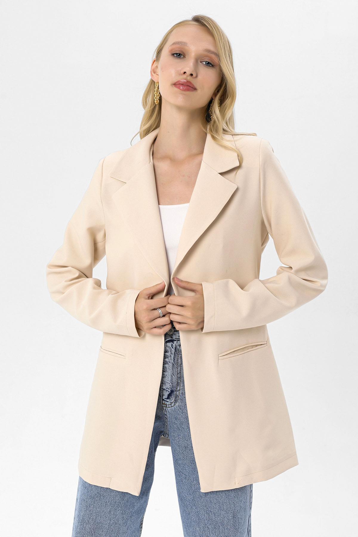 Kadın Tek Düğme Çift Cepli Blazer Ceket