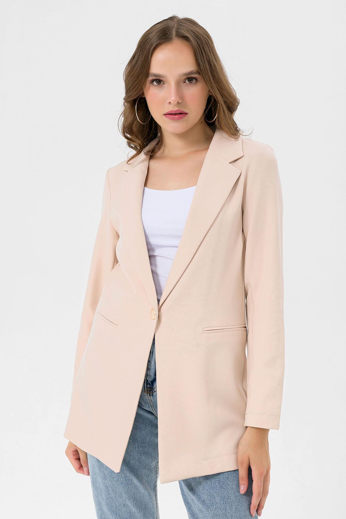 Kadın Tek Düğme Çift Cepli Blazer Ceket