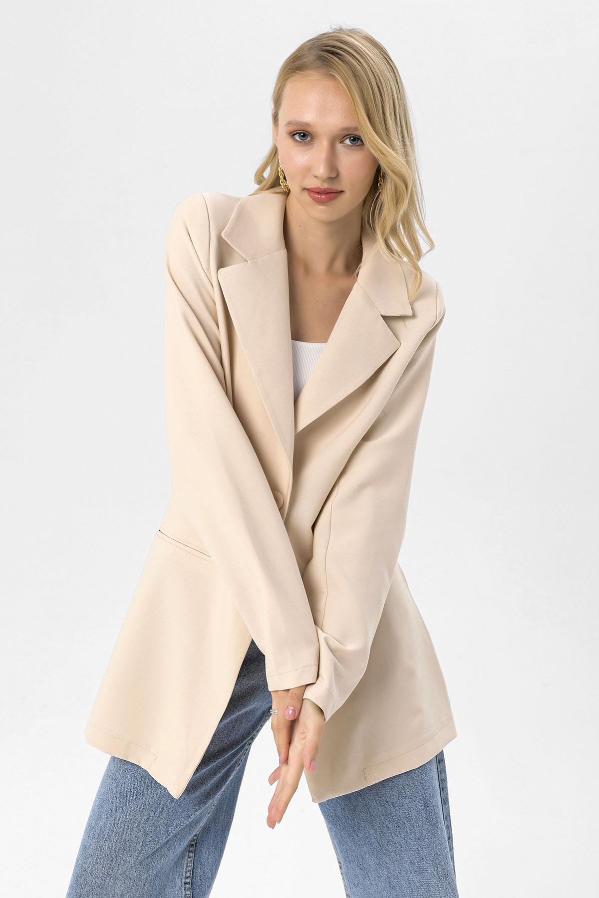 Kadın Tek Düğme Çift Cepli Blazer Ceket