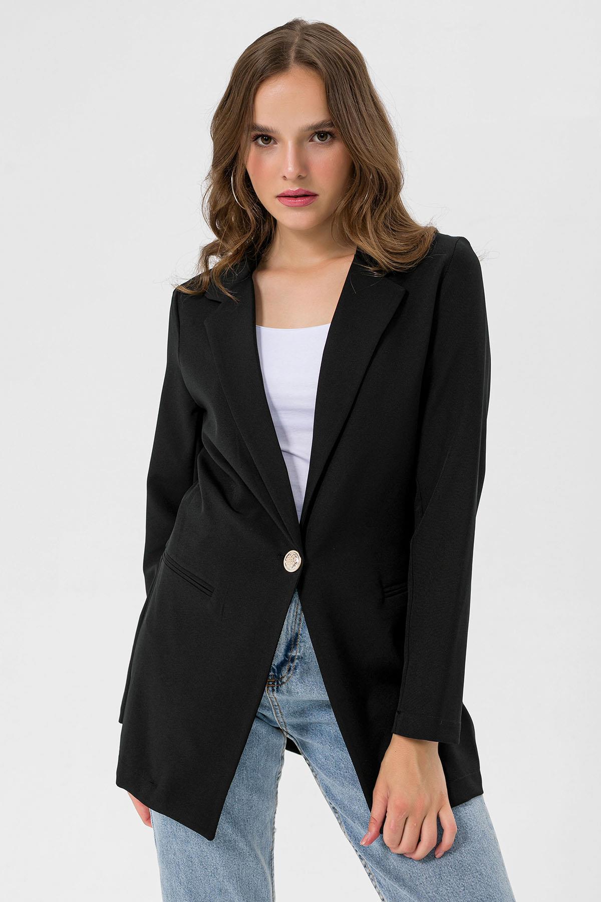 Kadın Tek Düğme Çift Cepli Blazer Ceket