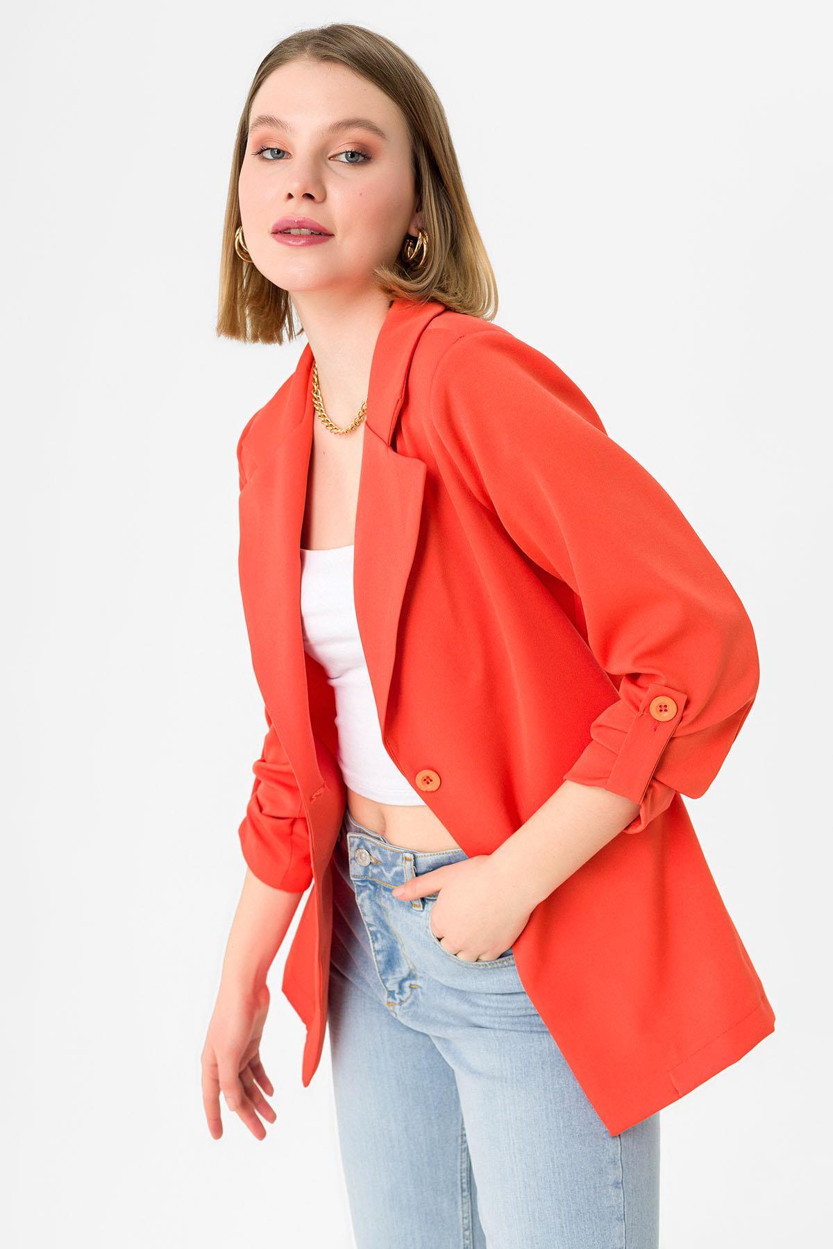 Kadın Tek Düğme Çift Cepli Blazer Ceket