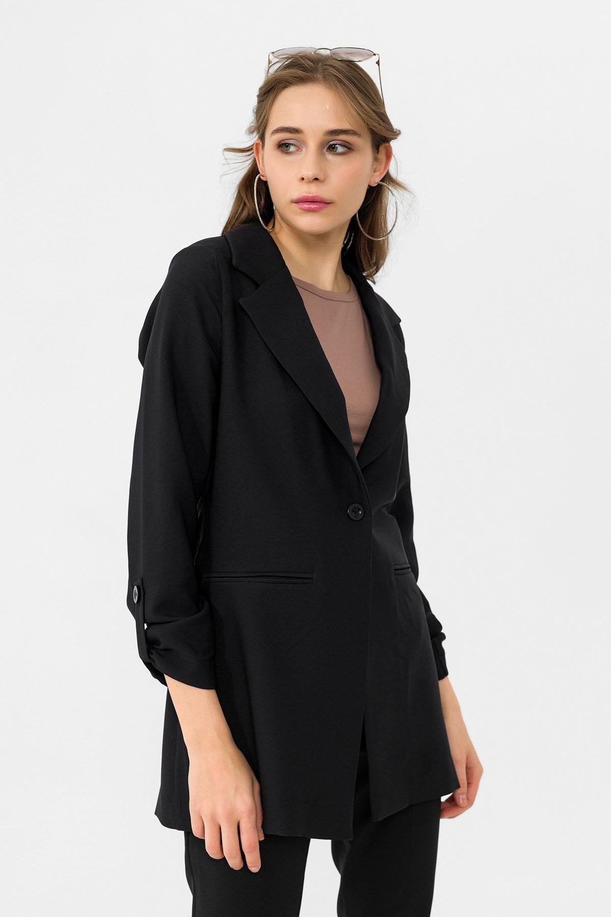 Kadın Tek Düğme Çift Cepli Blazer Ceket