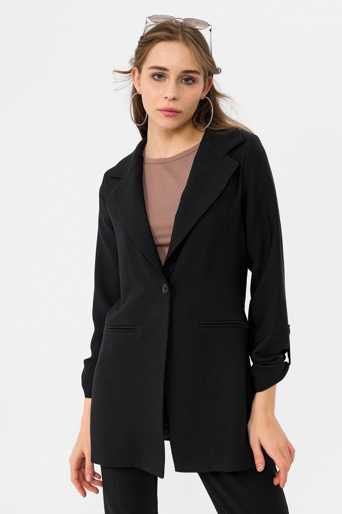 Kadın Tek Düğme Çift Cepli Blazer Ceket