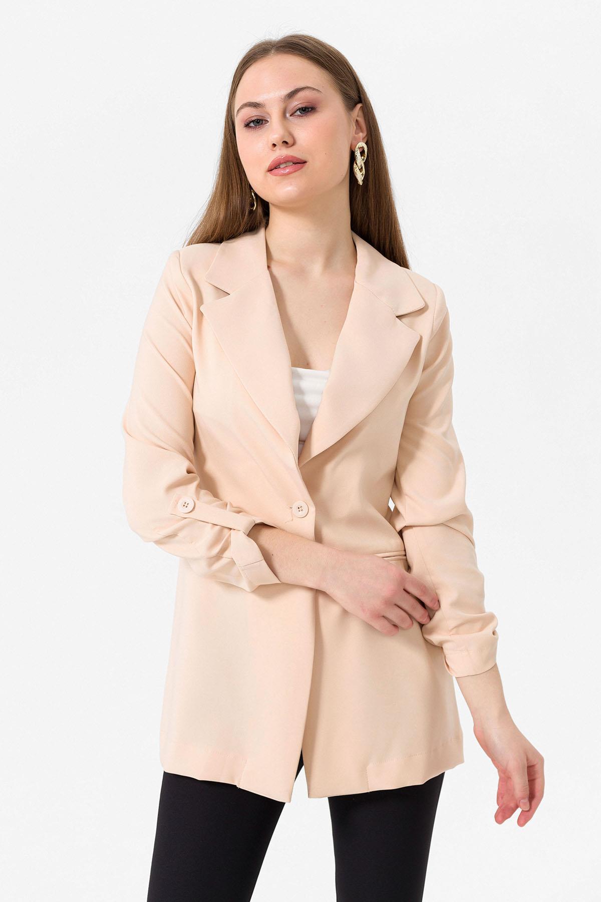 Kadın Tek Düğme Çift Cepli Blazer Ceket
