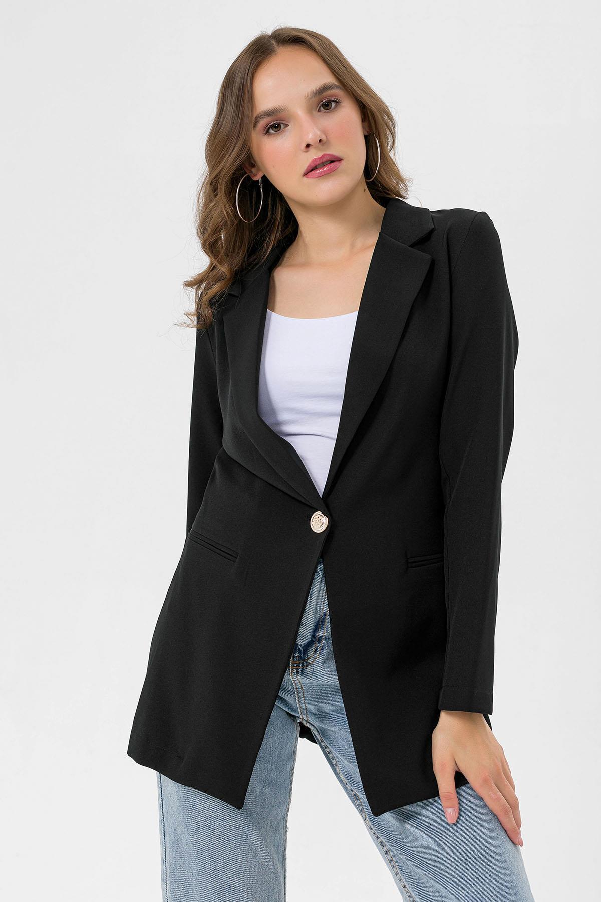 Kadın Tek Düğme Çift Cepli Blazer Ceket