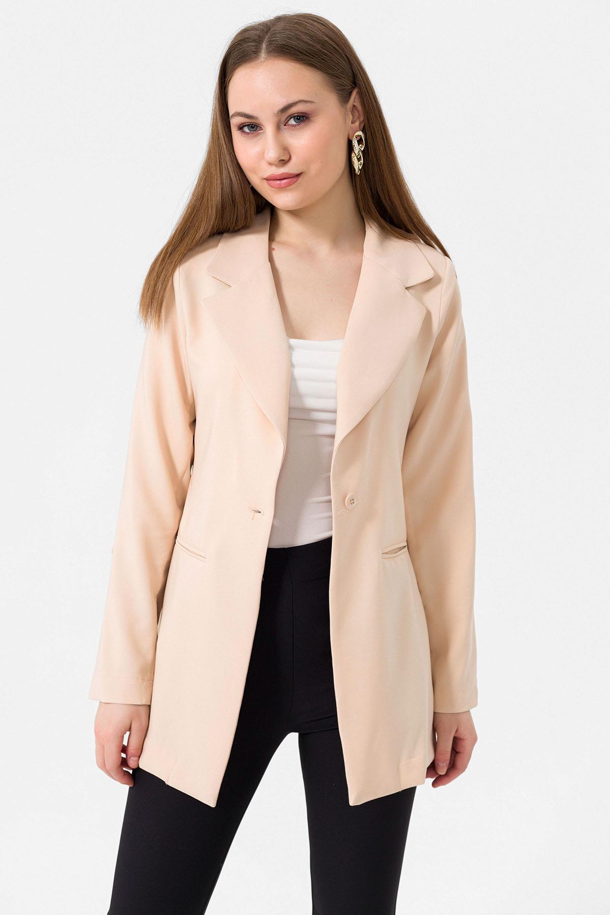 Kadın Tek Düğme Çift Cepli Blazer Ceket