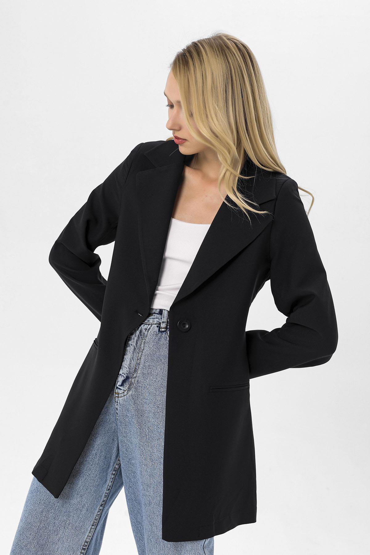 Kadın Tek Düğme Çift Cepli Blazer Ceket