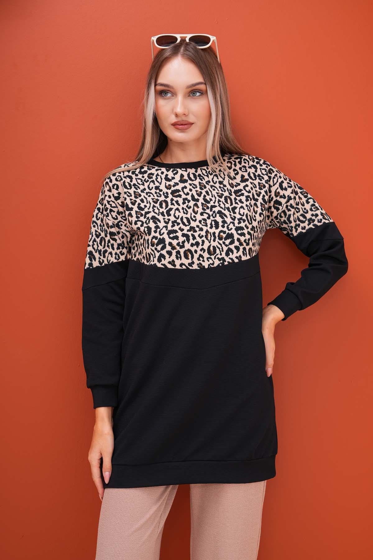 Kadın Üstü Leopar Desenli İki İplik Tunik Sweatshirt 245113 -