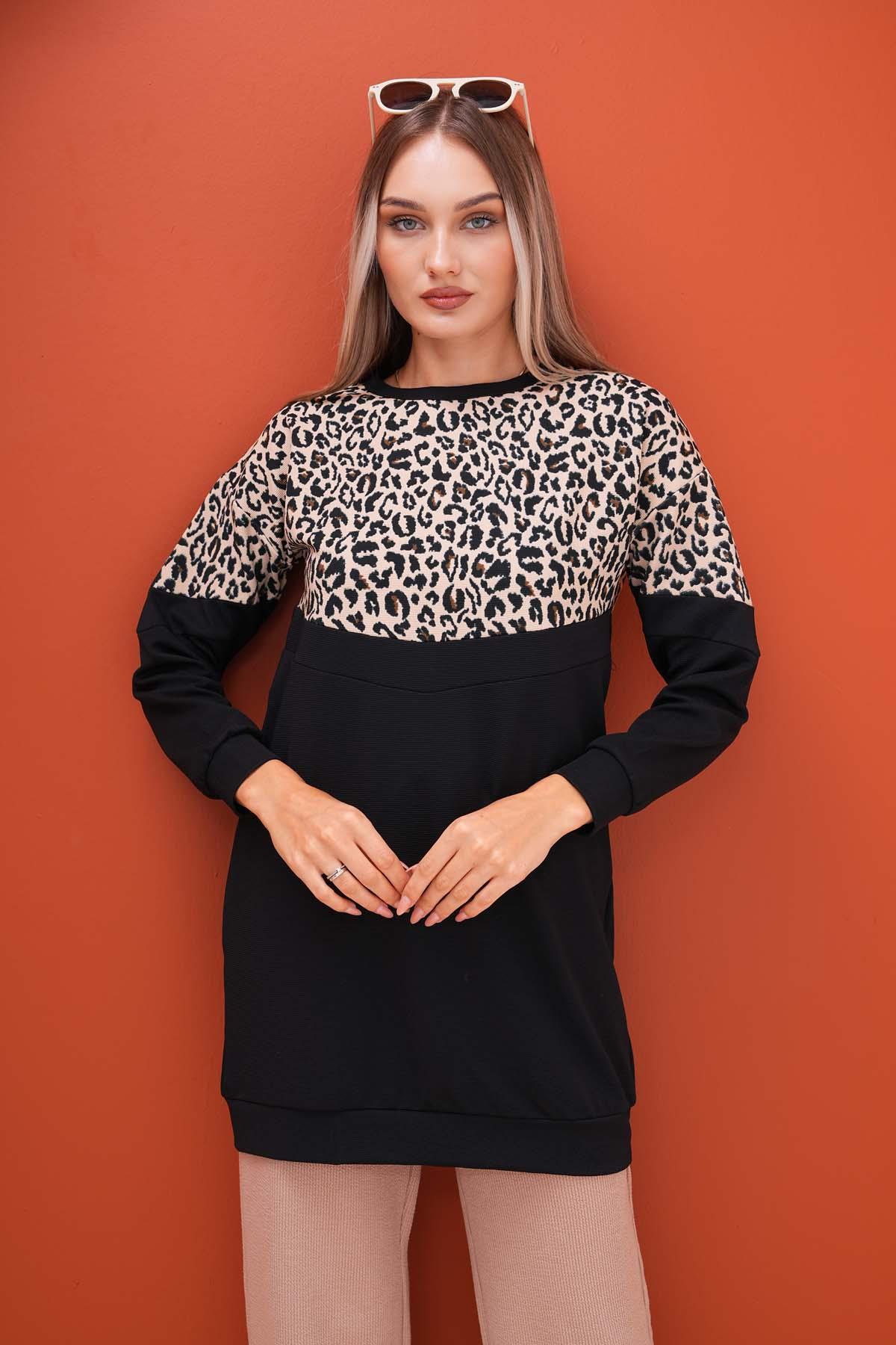 Kadın Üstü Leopar Desenli İki İplik Tunik Sweatshirt 245113 -