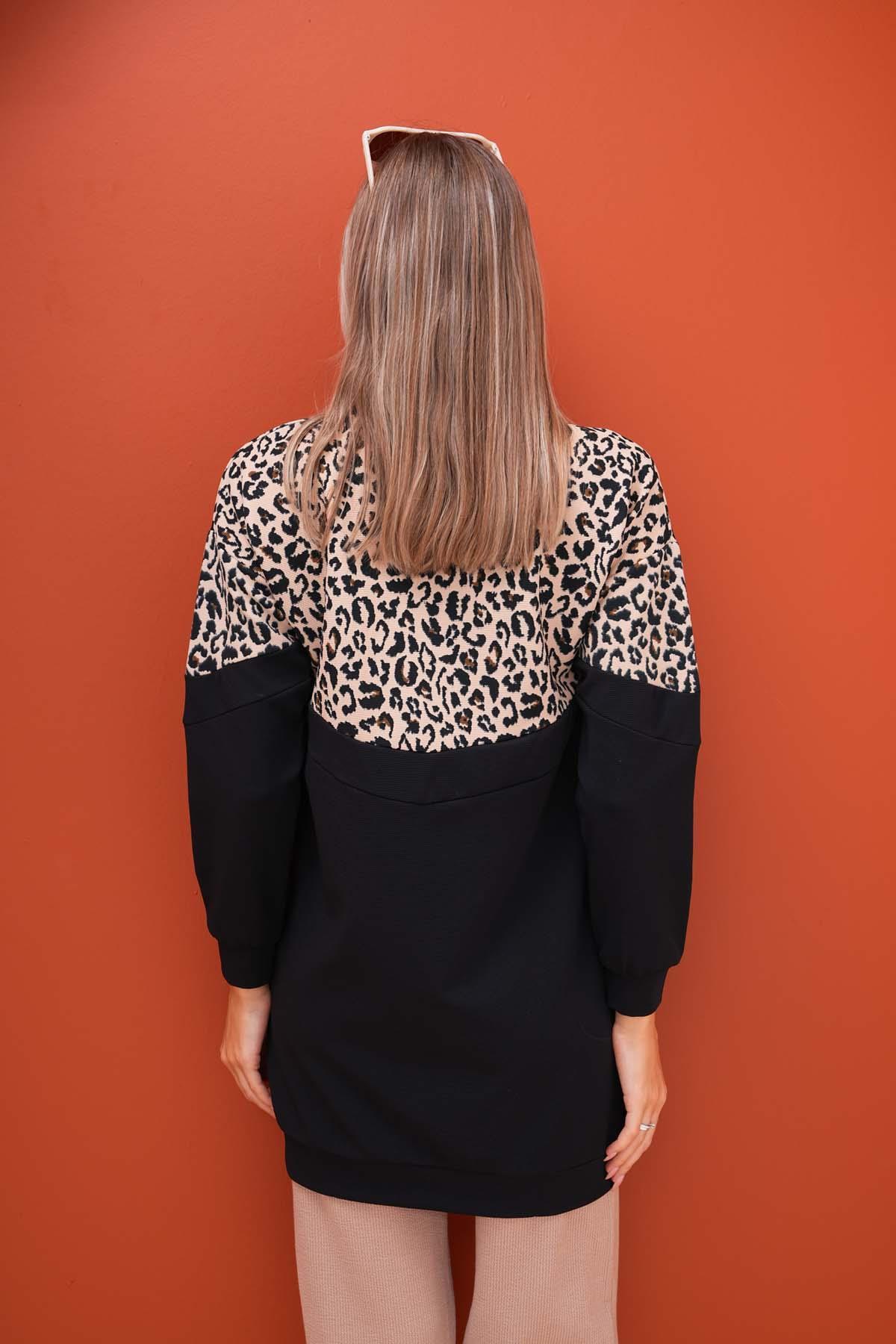 Kadın Üstü Leopar Desenli İki İplik Tunik Sweatshirt 245113 -