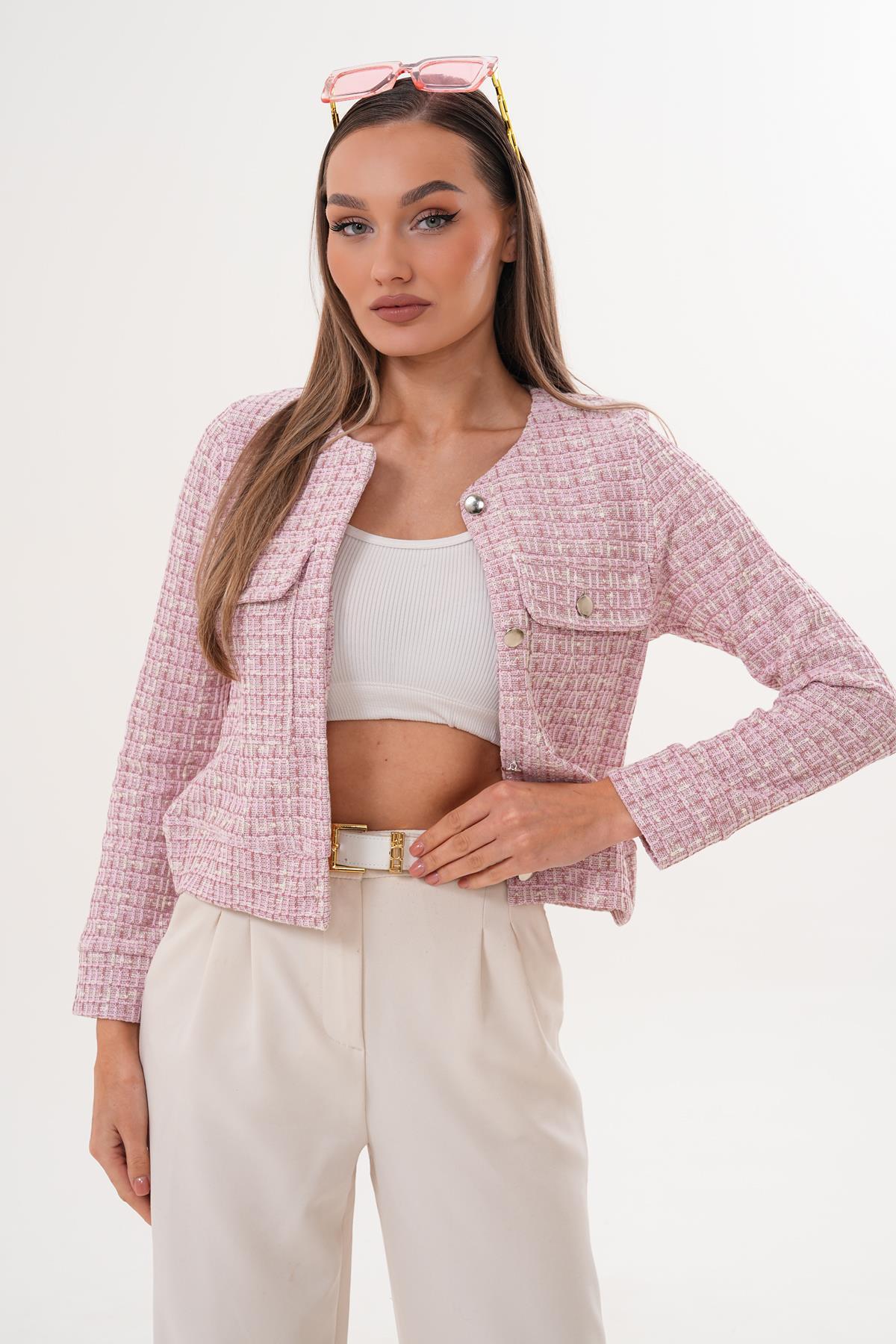 Kadın Yuvarlak Yaka Düğme Kapamalı Simli Tüvit Ceket 255346 -