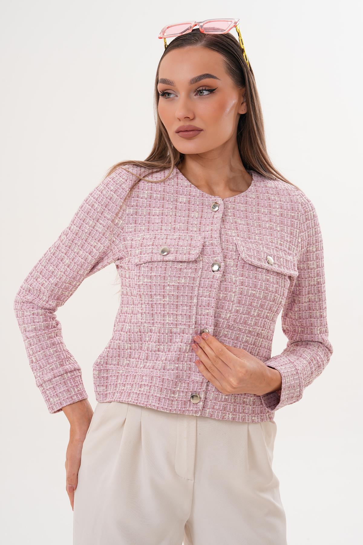 Kadın Yuvarlak Yaka Düğme Kapamalı Simli Tüvit Ceket 255346 -