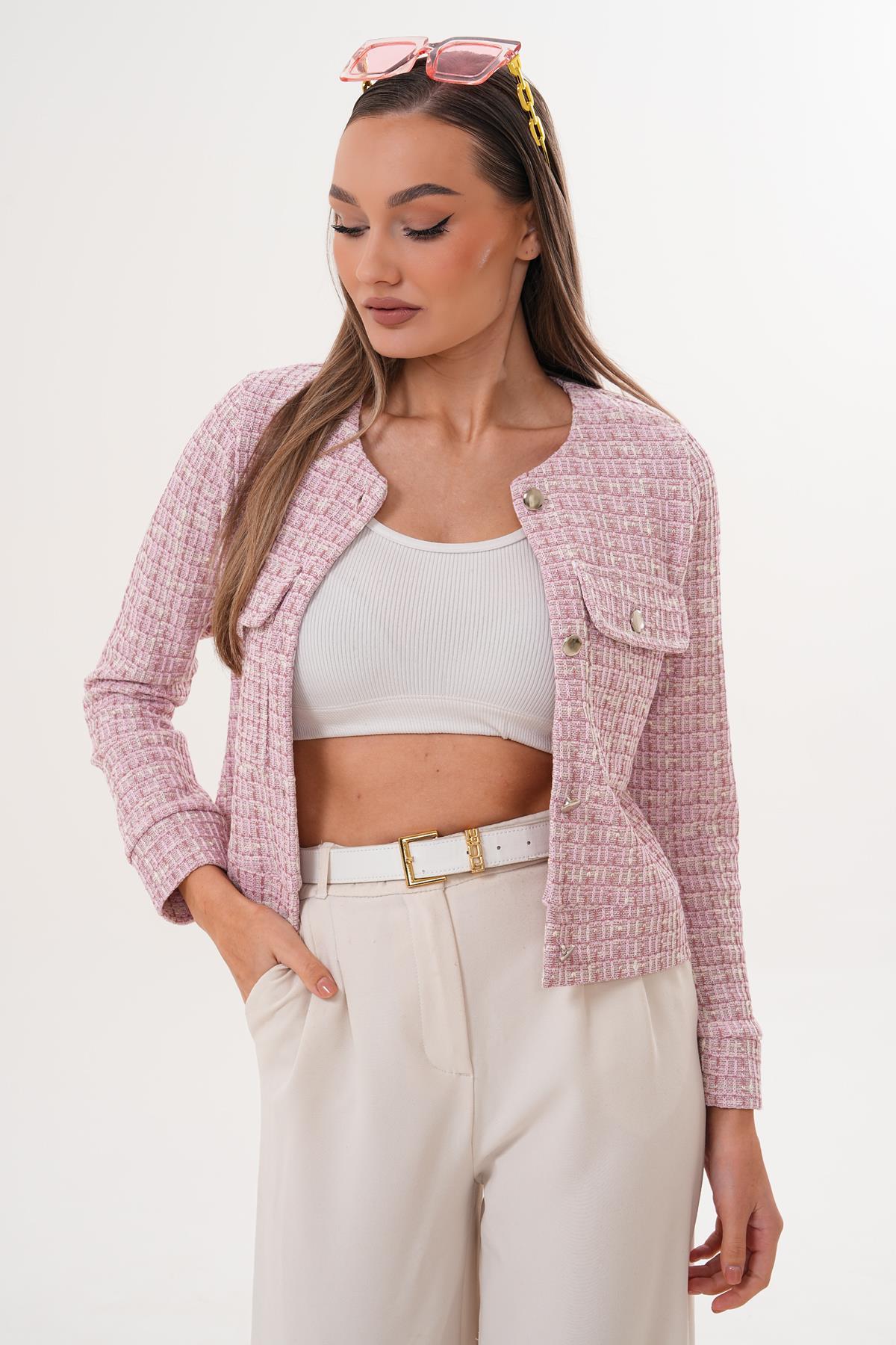 Kadın Yuvarlak Yaka Düğme Kapamalı Simli Tüvit Ceket 255346 -