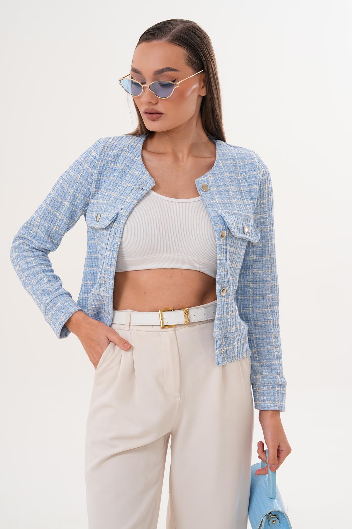 Kadın Yuvarlak Yaka Düğme Kapamalı Simli Tüvit Ceket 255346 -