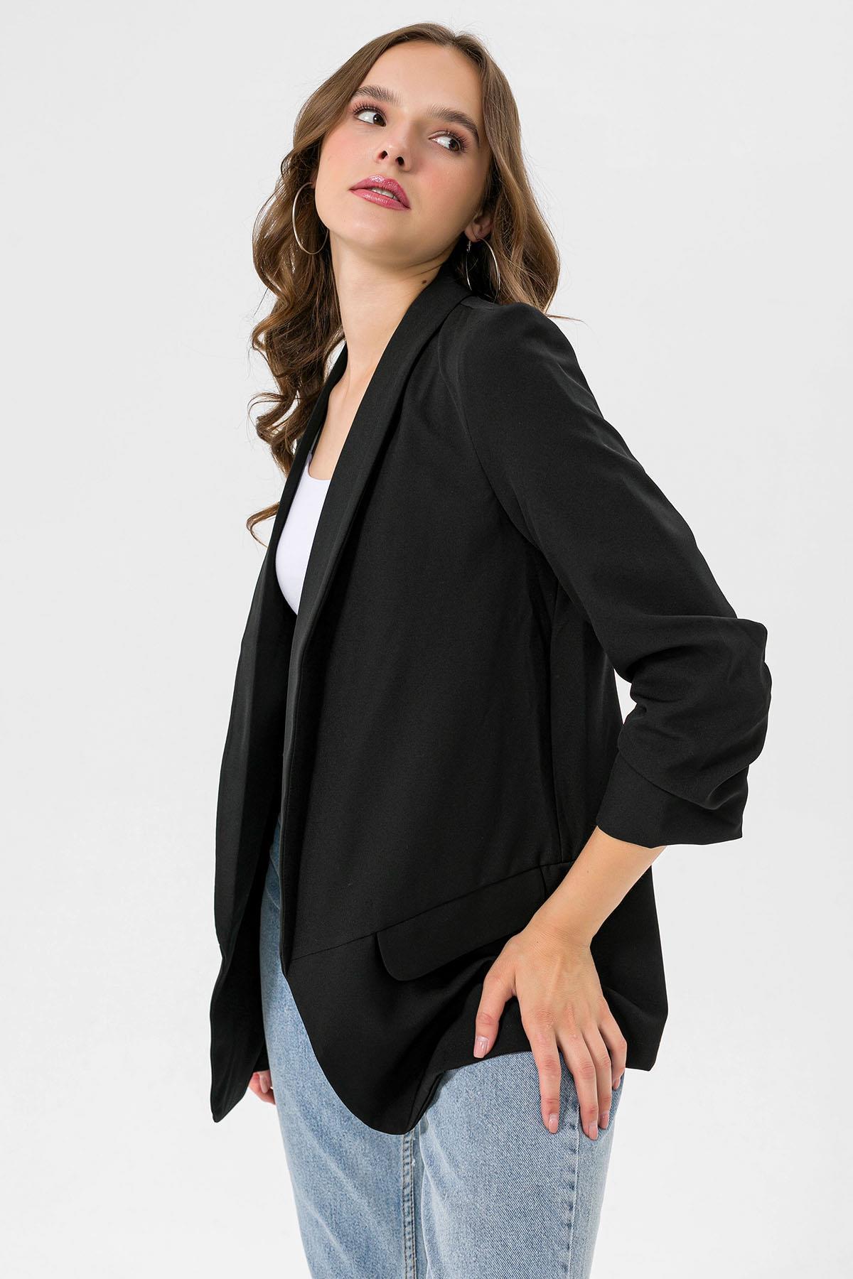 Kolu Büzgülü Sahte Cepli Önü Açık Blazer Ceket