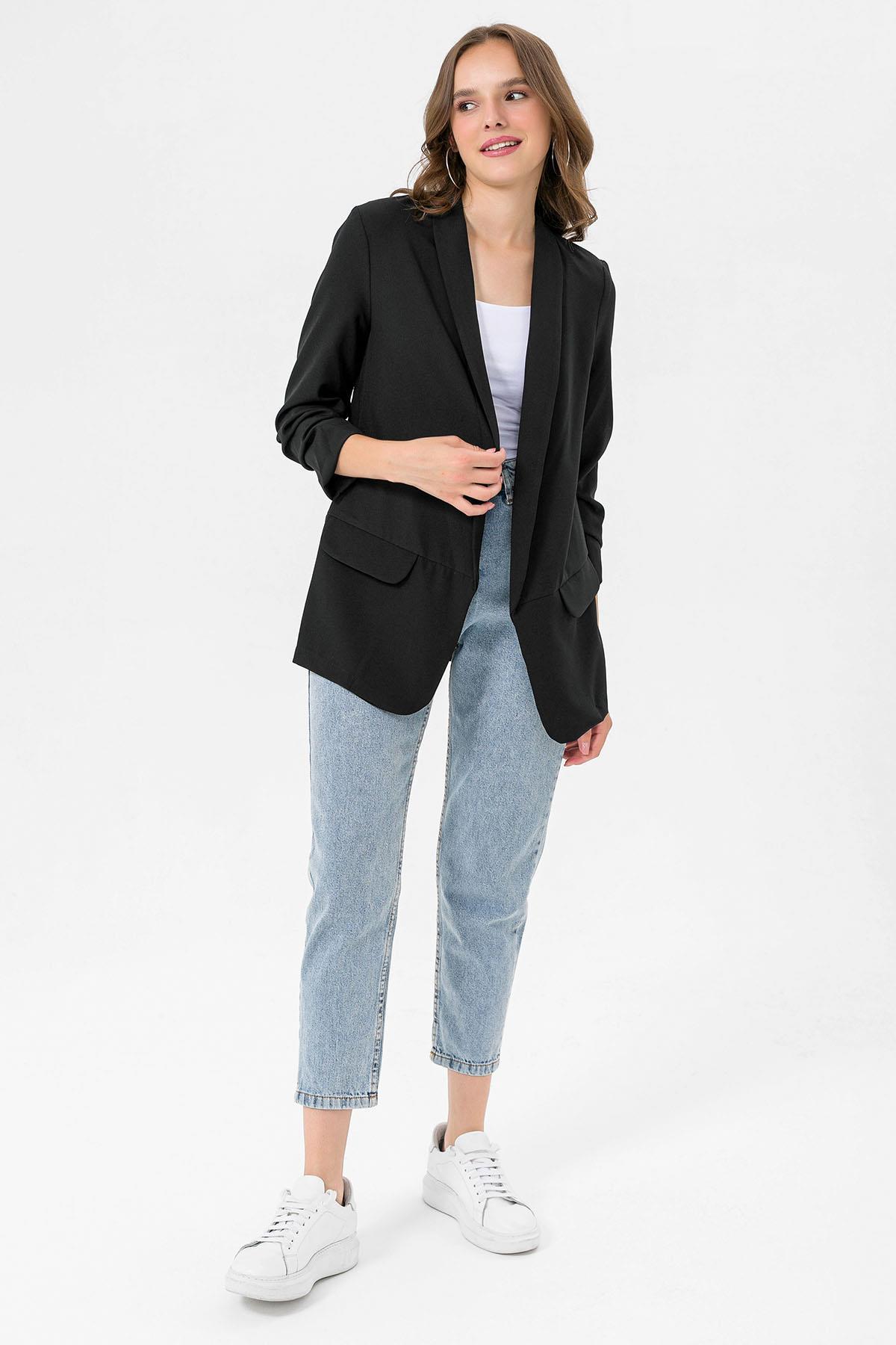 Kolu Büzgülü Sahte Cepli Önü Açık Blazer Ceket