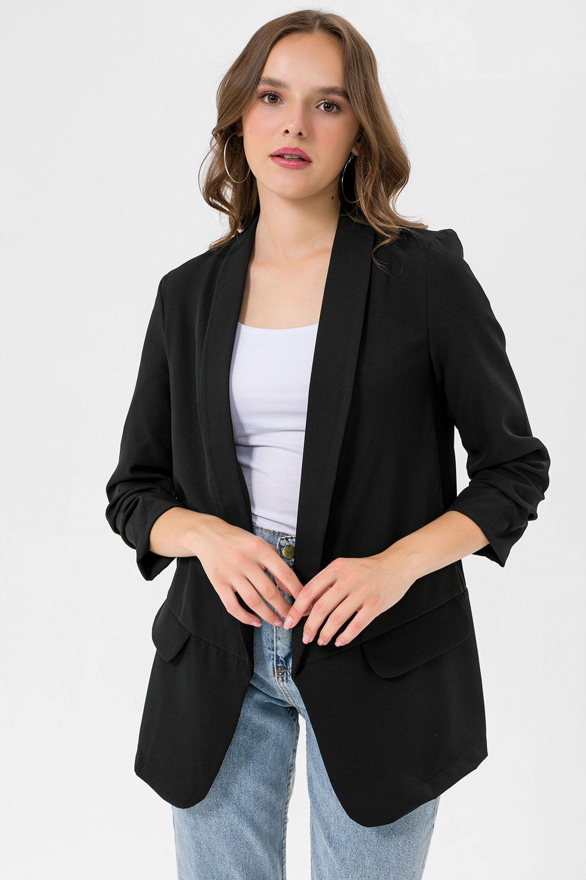 Kolu Büzgülü Sahte Cepli Önü Açık Blazer Ceket