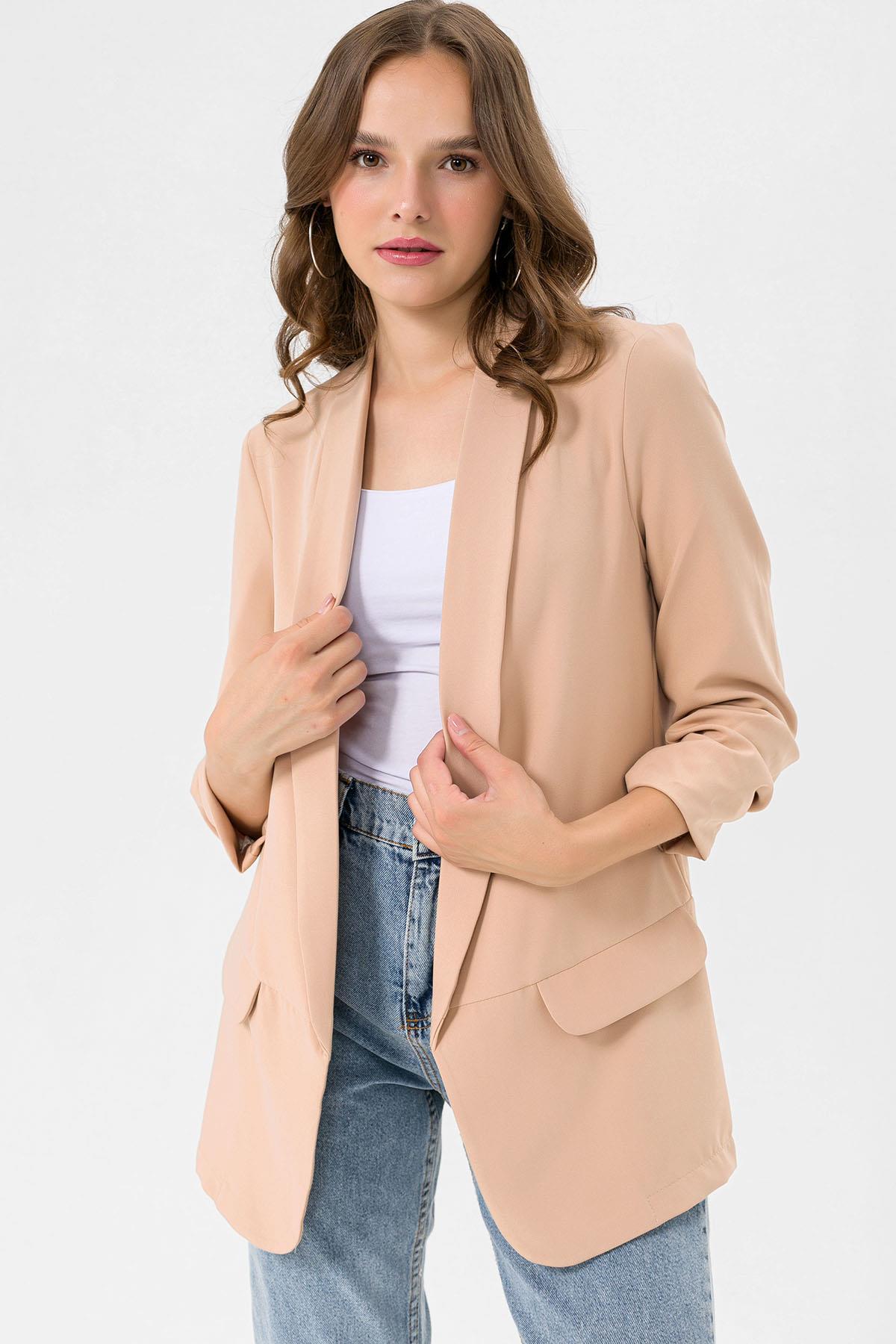 Kolu Büzgülü Sahte Cepli Önü Açık Blazer Ceket