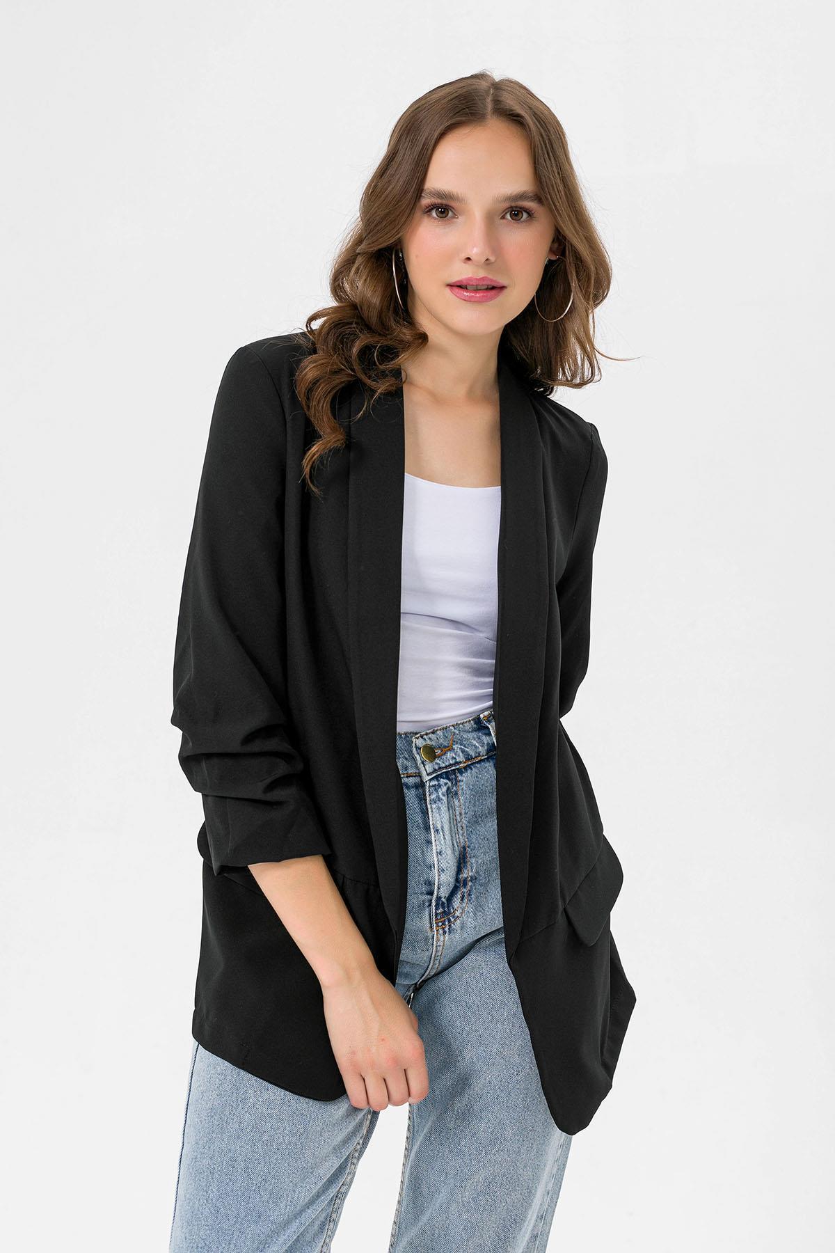 Kolu Büzgülü Sahte Cepli Önü Açık Blazer Ceket