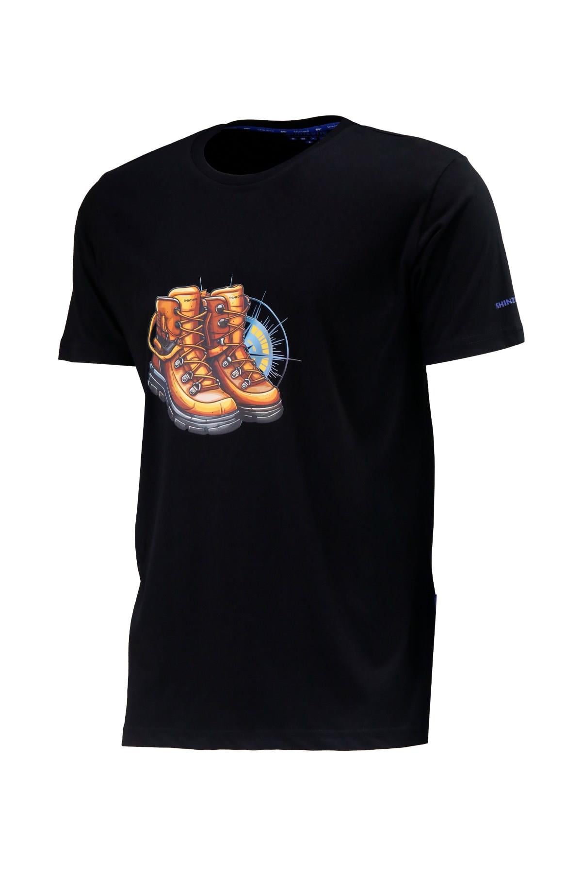 T-ShirtShinzoneErkek Bisiklet Yaka Standart Fit Bot Göğüs Baskılı Siyah T-Shirt