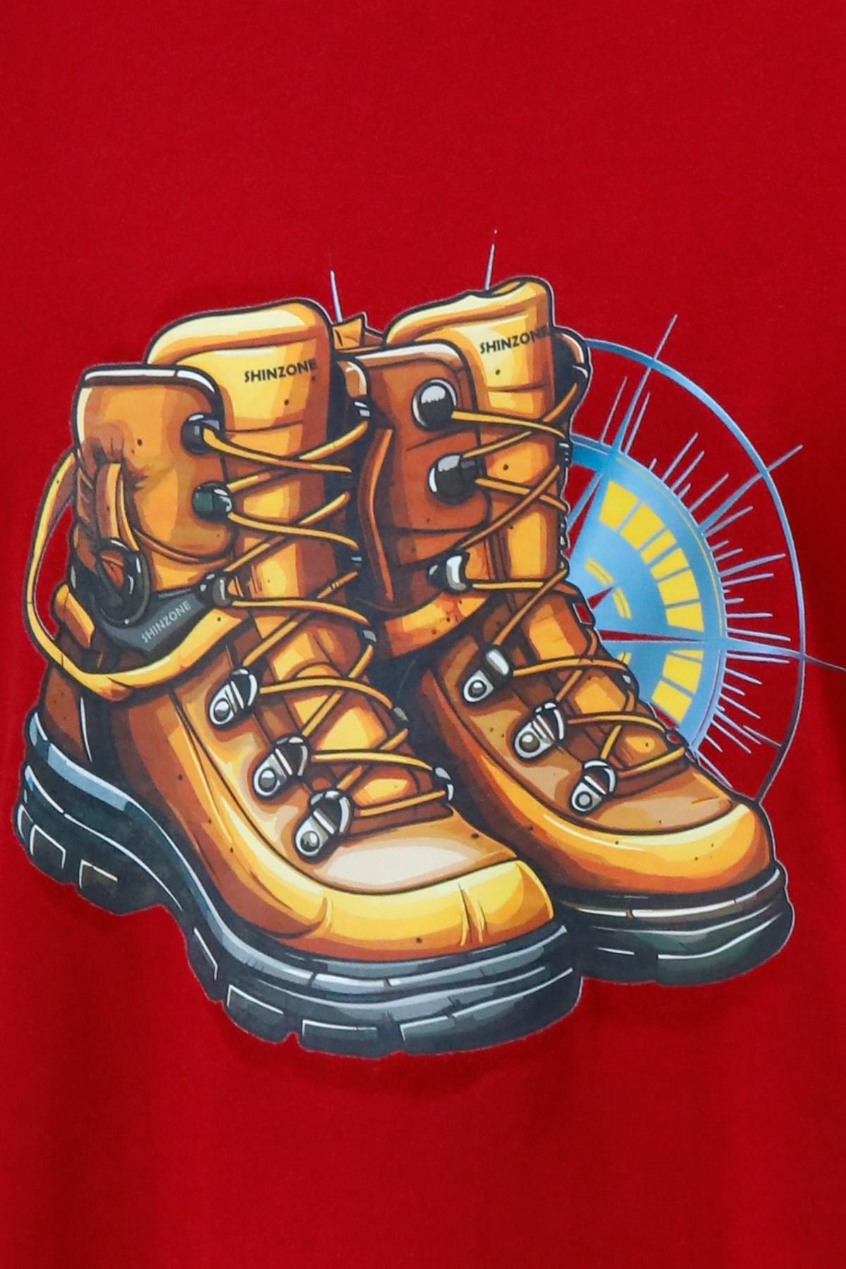 T-ShirtShinzoneErkek Bisiklet Yaka Standart Fit Bot Göğüs Baskılı Bordo T-Shirt