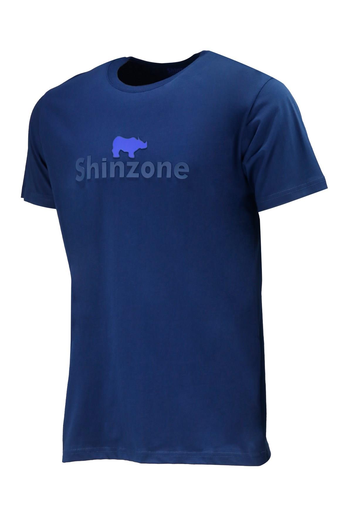 T-ShirtShinzoneErkek Bisiklet Yaka Standart Fit Kabartma Göğüs Baskılı İndigo T-Shirt