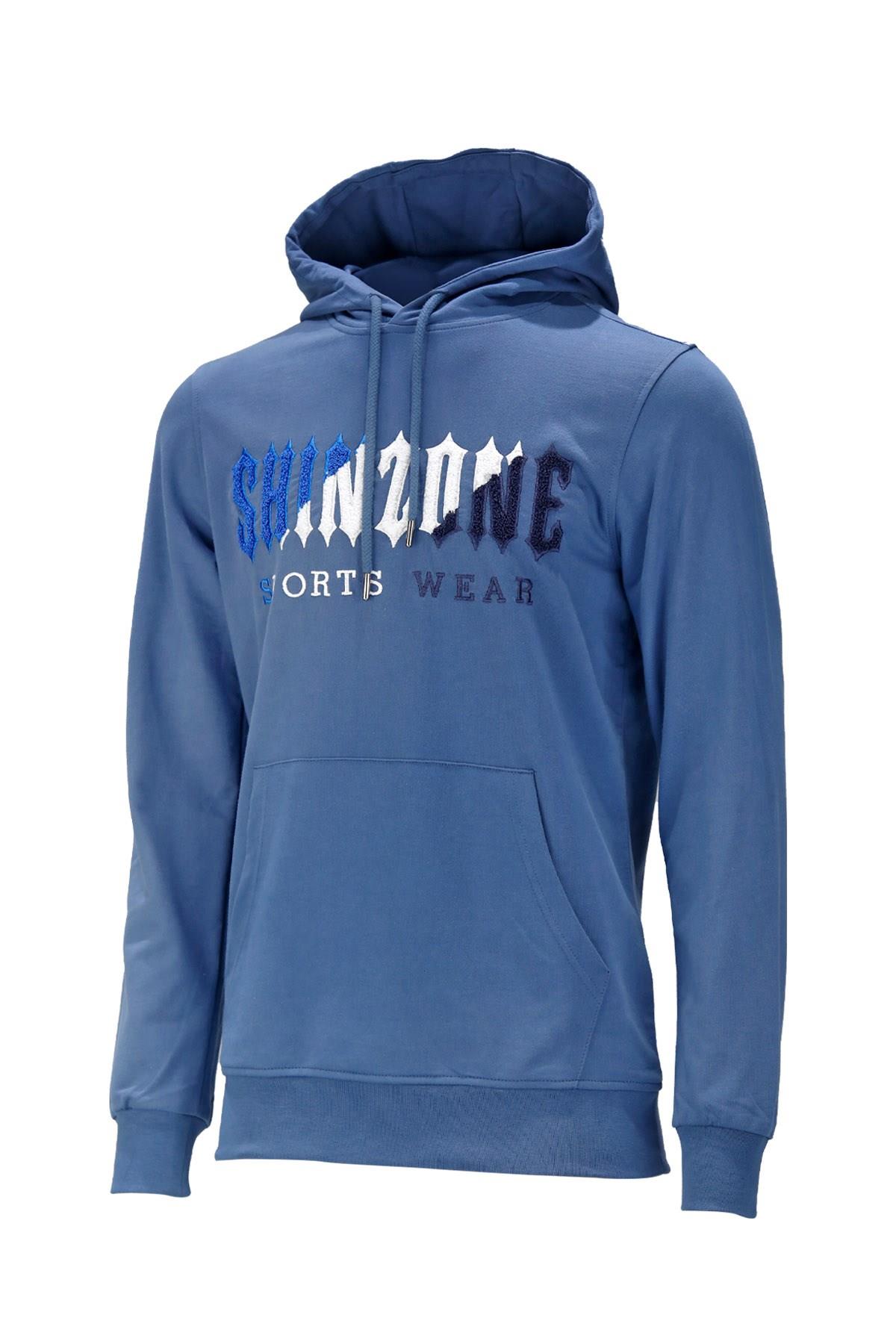 SweatshirtShinzoneErkek Standart Fit Kapüşonlu Kabartma Baskılı Mavi Sweatshirt