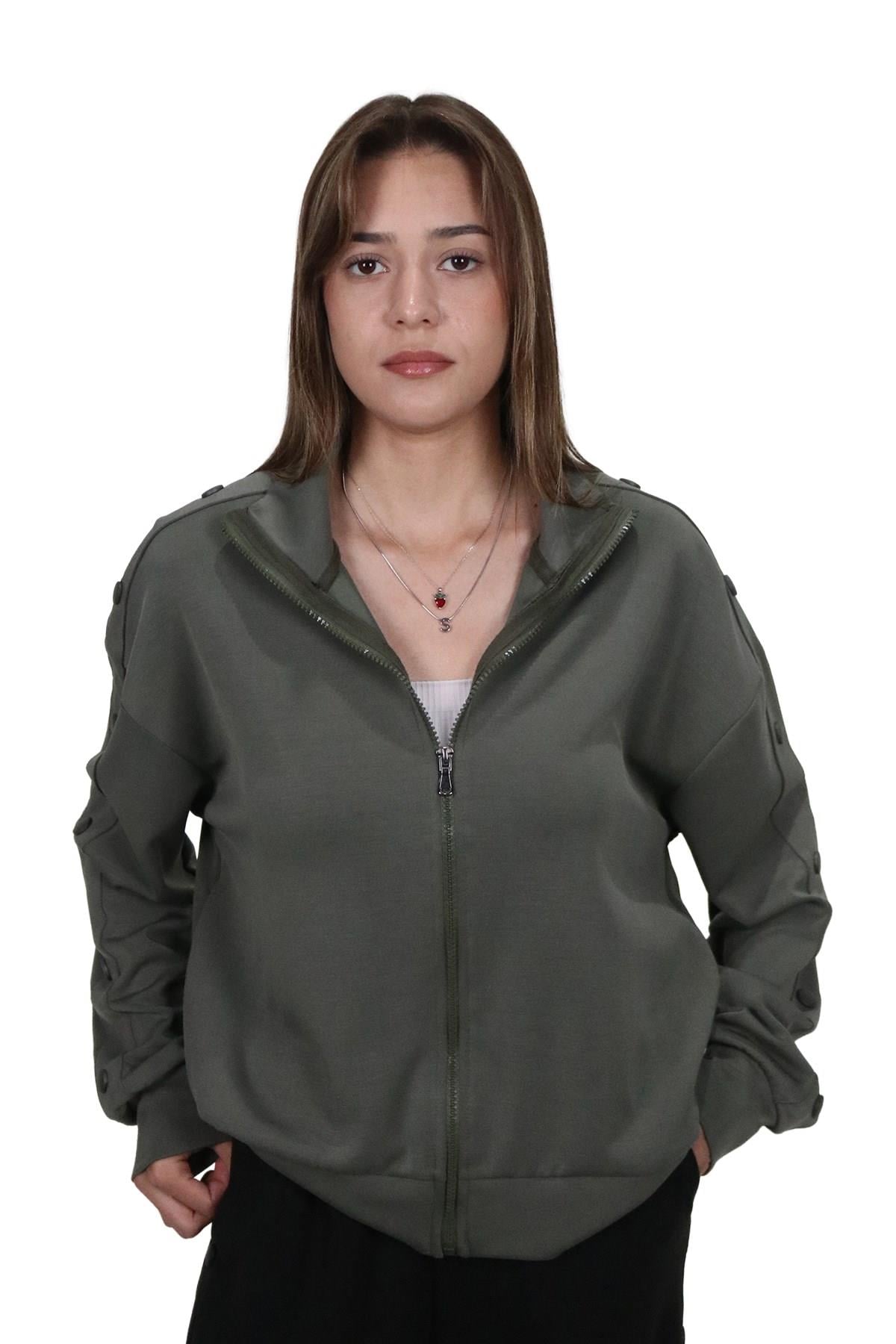 HırkaShinzoneKadın Modal Kumaş Dik Yaka Rahat Kalıp Haki Ceket Hırka