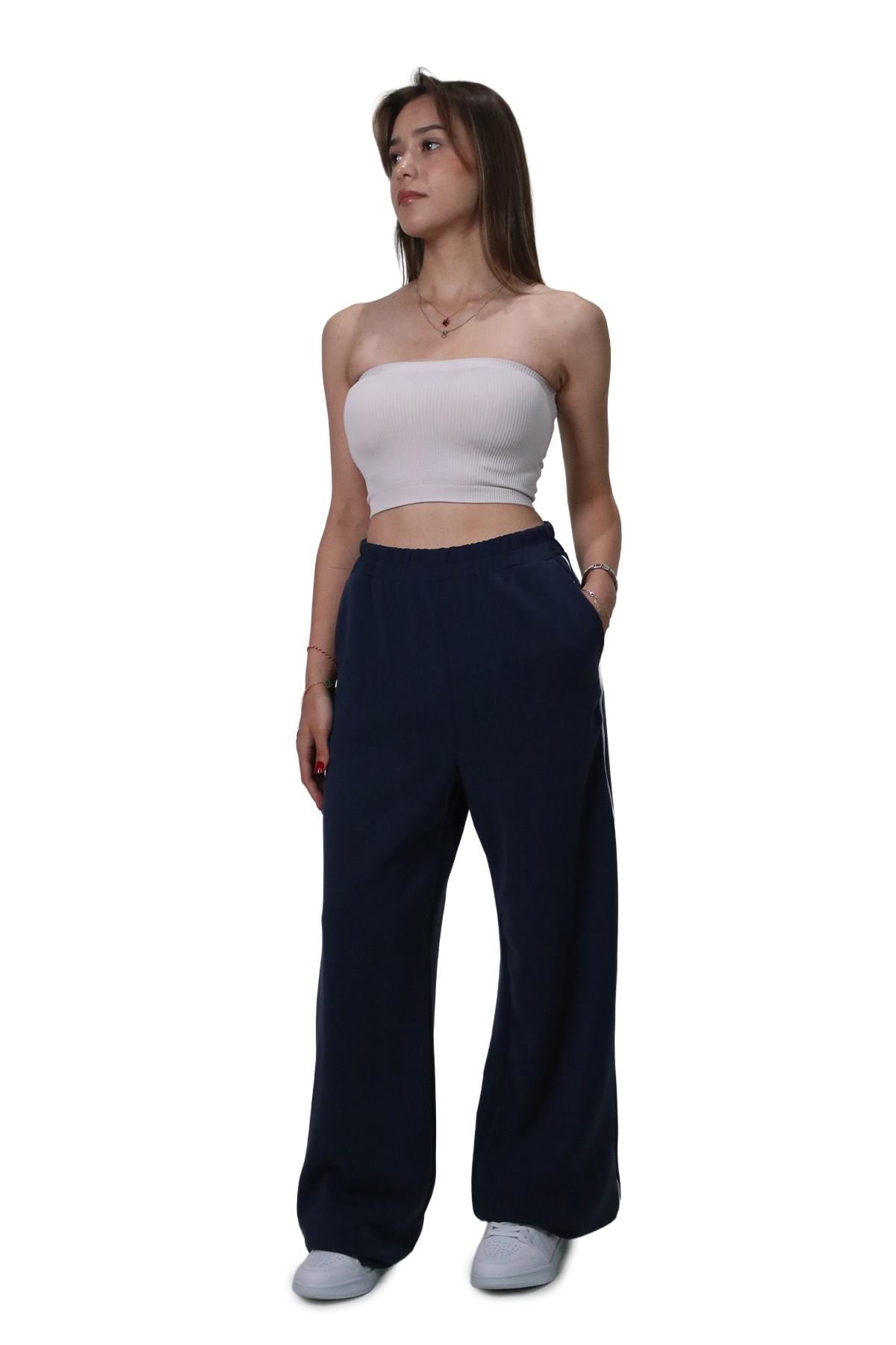 PantolonShinzoneKadın Modal Kumaş Kontrast Detaylı Lacivert Düz Kesim Pantolon