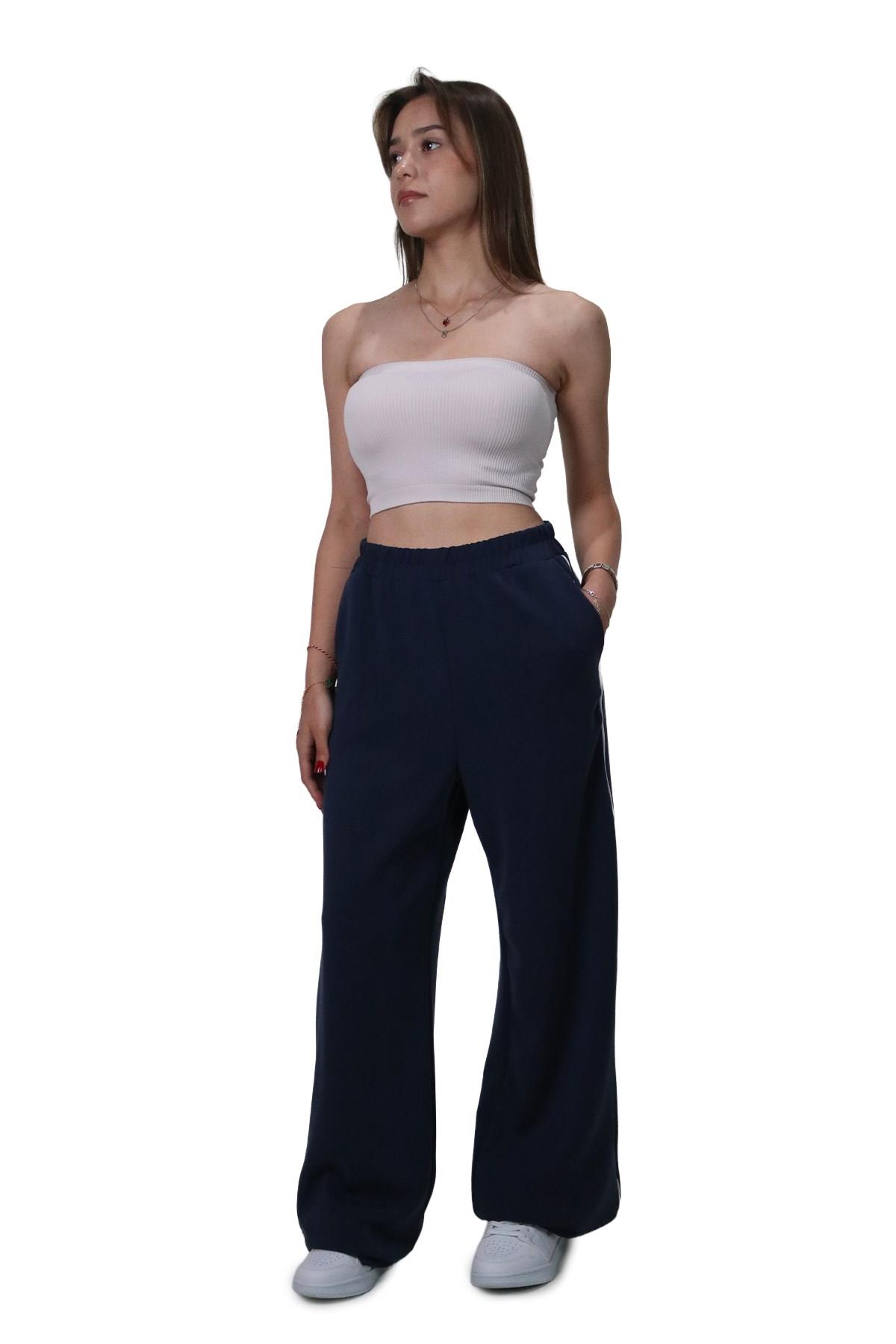 PantolonShinzoneKadın Modal Kumaş Kontrast Detaylı Lacivert Düz Kesim Pantolon