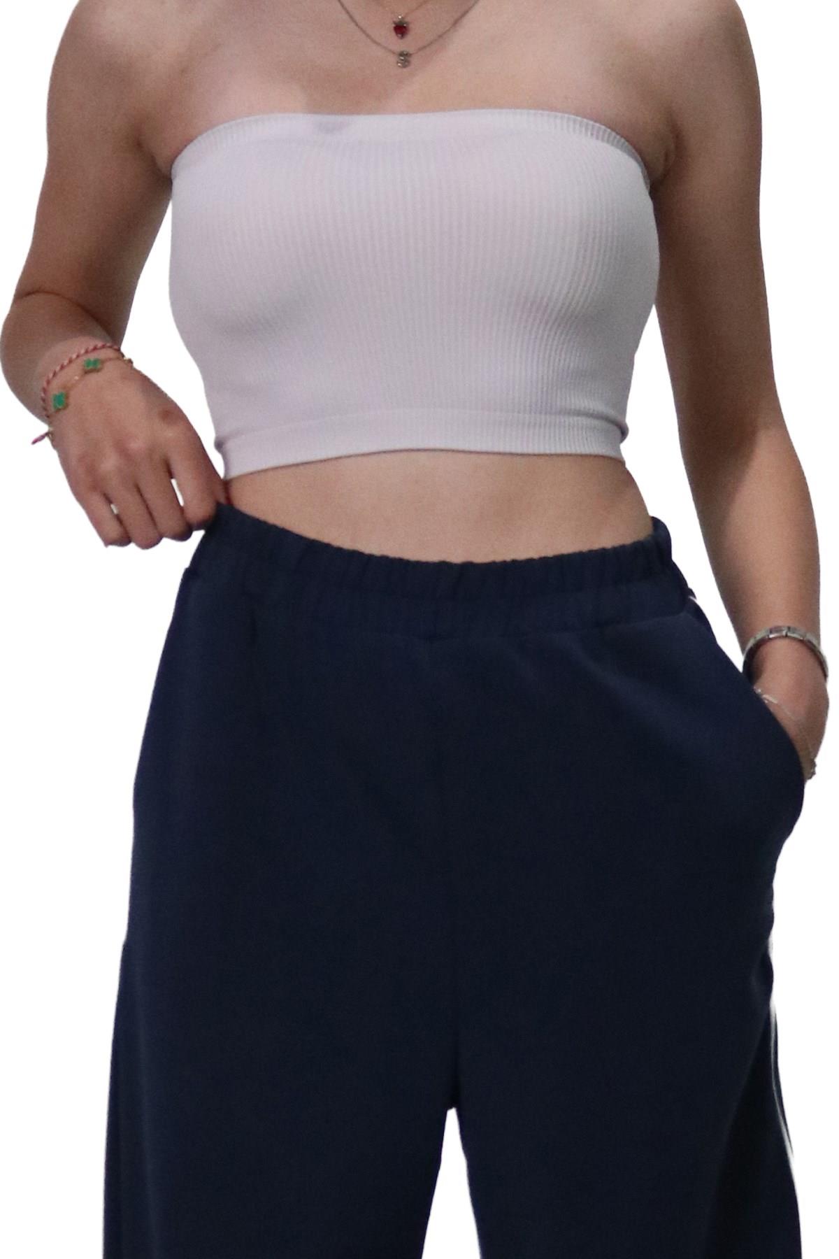 PantolonShinzoneKadın Modal Kumaş Kontrast Detaylı Lacivert Düz Kesim Pantolon