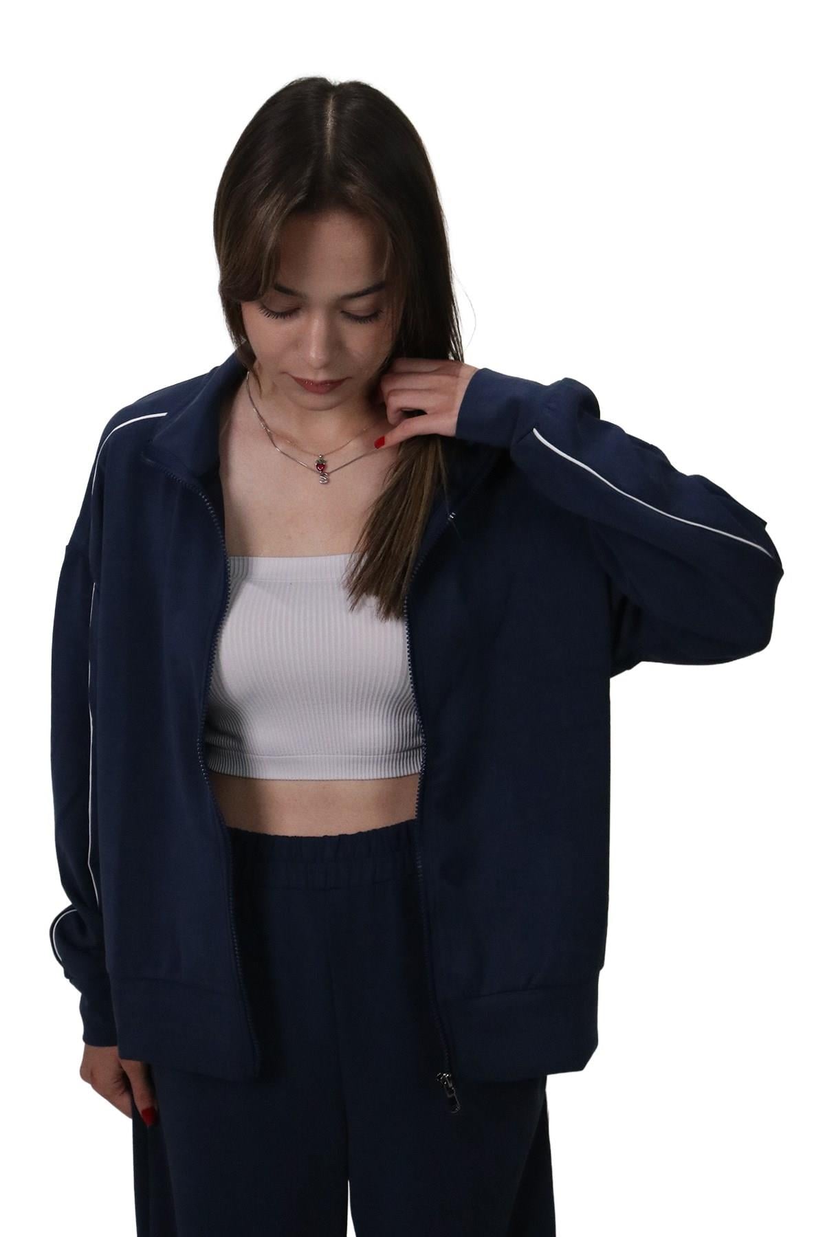 HırkaShinzoneKadın Modal Kumaş Kontrast Detaylı Rahat Kalıp Lacivert Ceket Hırka