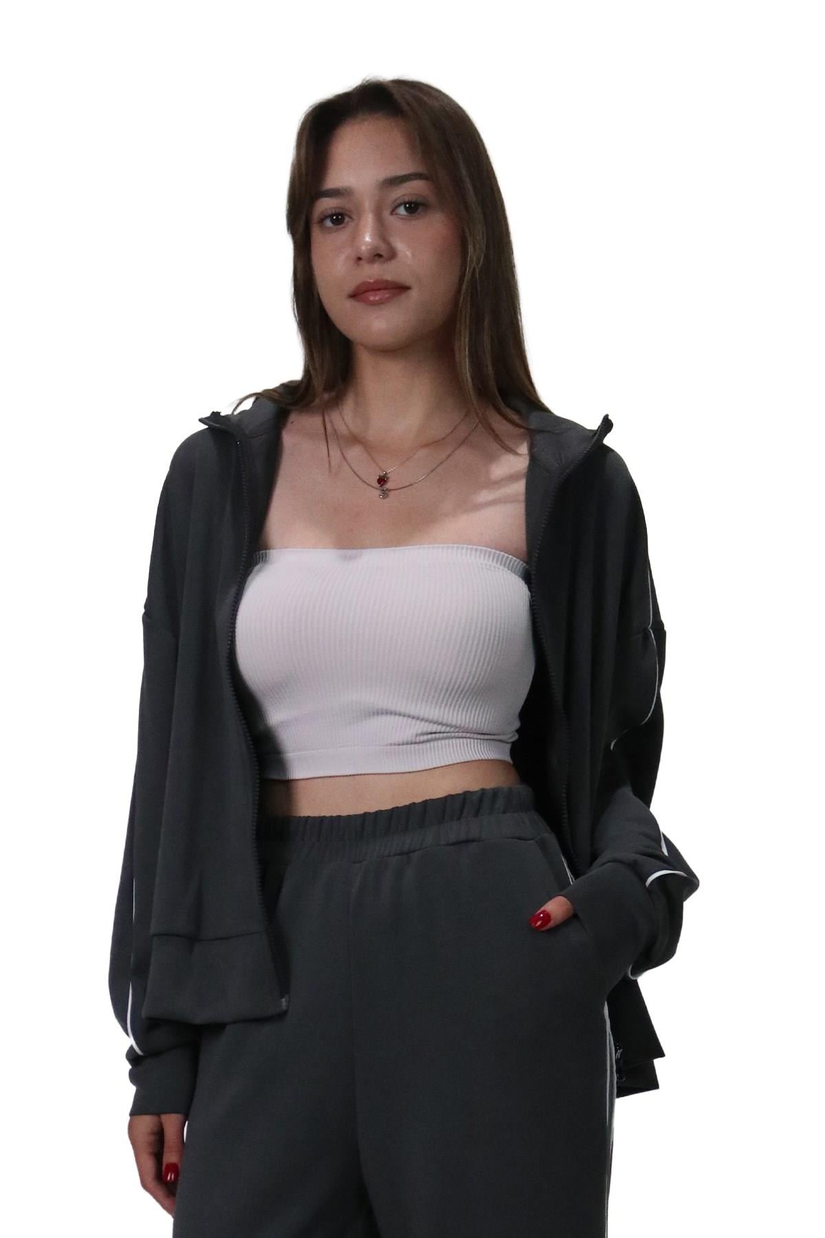 HırkaShinzoneKadın Modal Kumaş Kontrast Detaylı Rahat Kalıp Antrasit Ceket Hırka