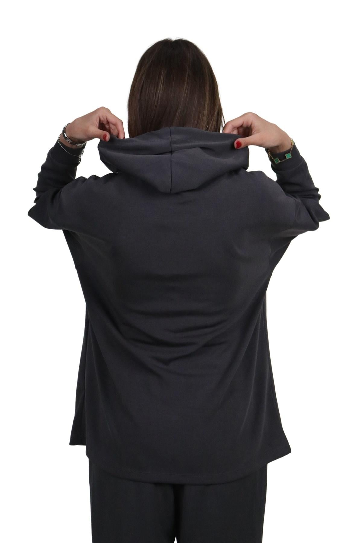 SweatshirtShinzoneKadın Yumuşak Dokulu Modal Kumaş Fermuar Cep Detaylı Rahat Kalıp Antrasit Kapüşonlu Sweatshirt