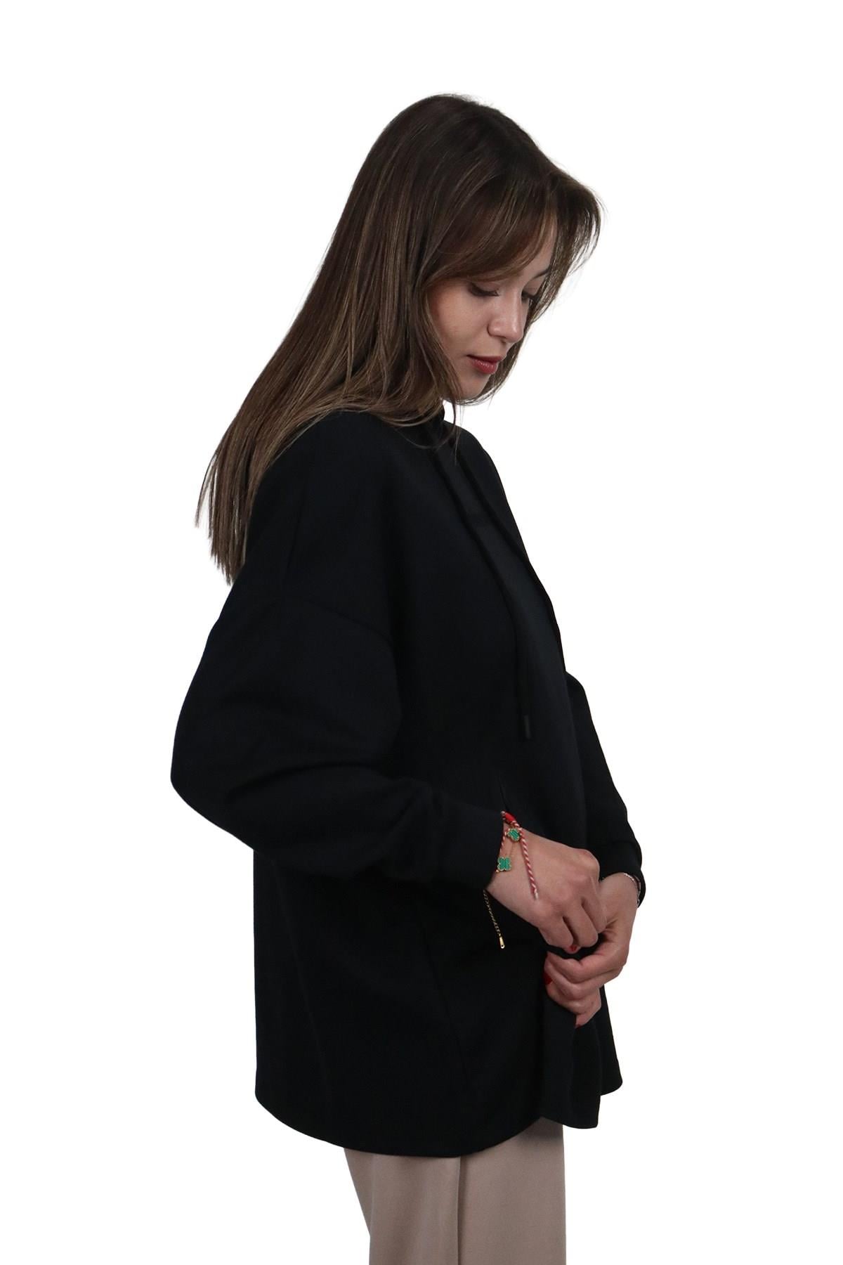 SweatshirtShinzoneKadın Yumuşak Dokulu Modal Kumaş Fermuar Cep Detaylı Rahat Kalıp Siyah Kapüşonlu Sweatshirt