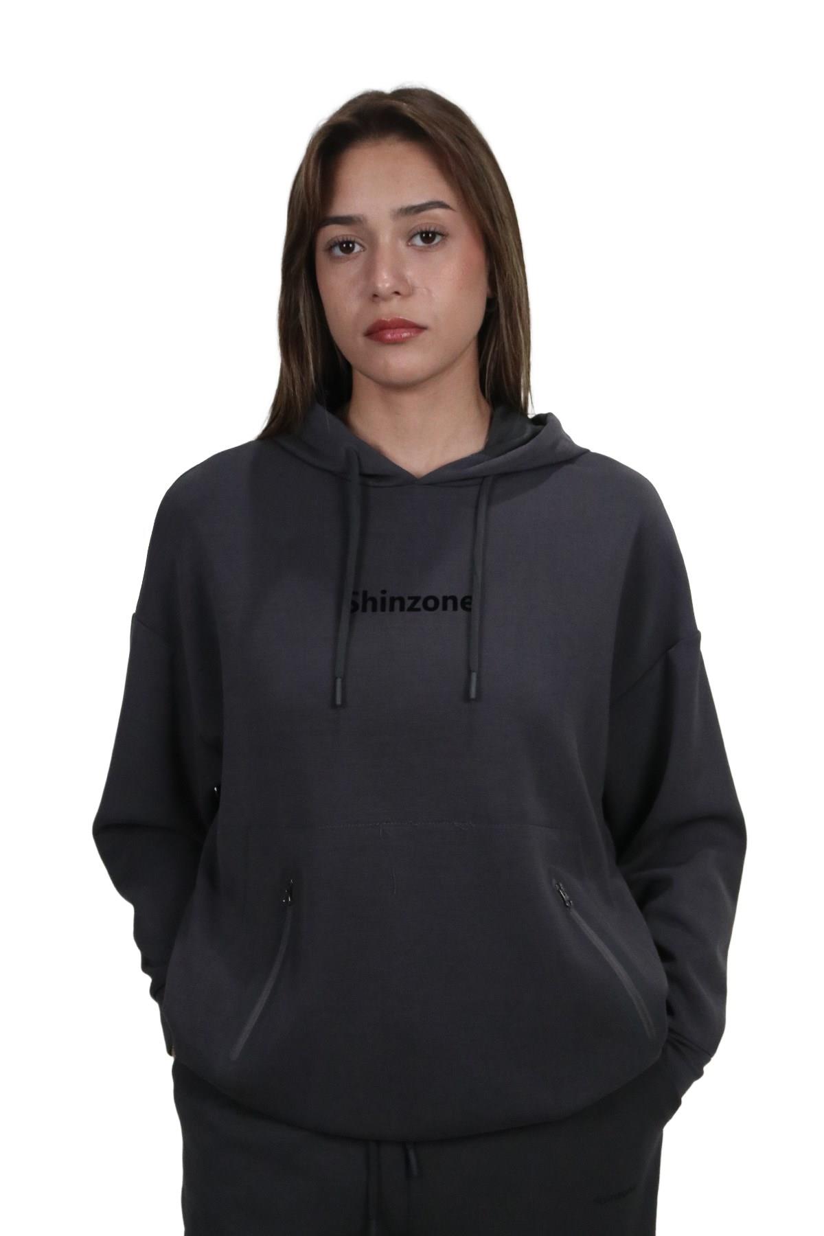 SweatshirtShinzoneKadın Yumuşak Dokulu Modal Kumaş Fermuar Cep Detaylı Rahat Kalıp Antrasit Kapüşonlu Sweatshirt
