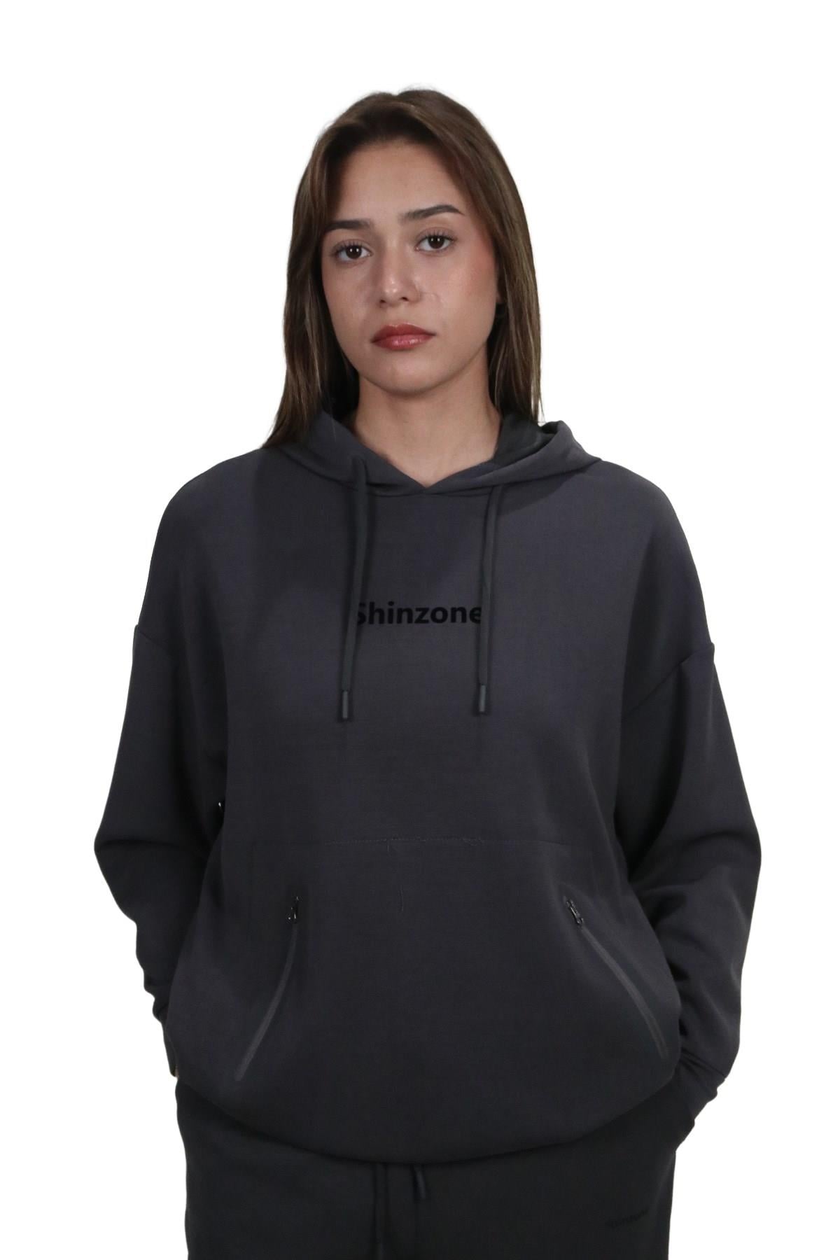 SweatshirtShinzoneKadın Yumuşak Dokulu Modal Kumaş Fermuar Cep Detaylı Rahat Kalıp Antrasit Kapüşonlu Sweatshirt