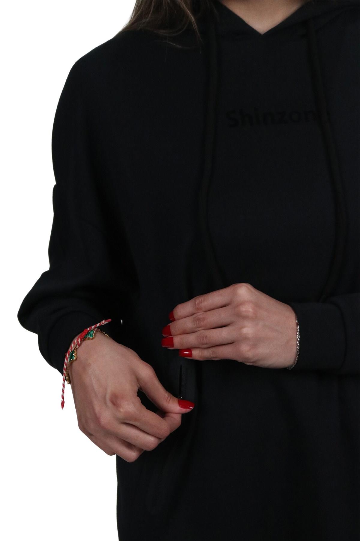 SweatshirtShinzoneKadın Yumuşak Dokulu Modal Kumaş Fermuar Cep Detaylı Rahat Kalıp Siyah Kapüşonlu Sweatshirt