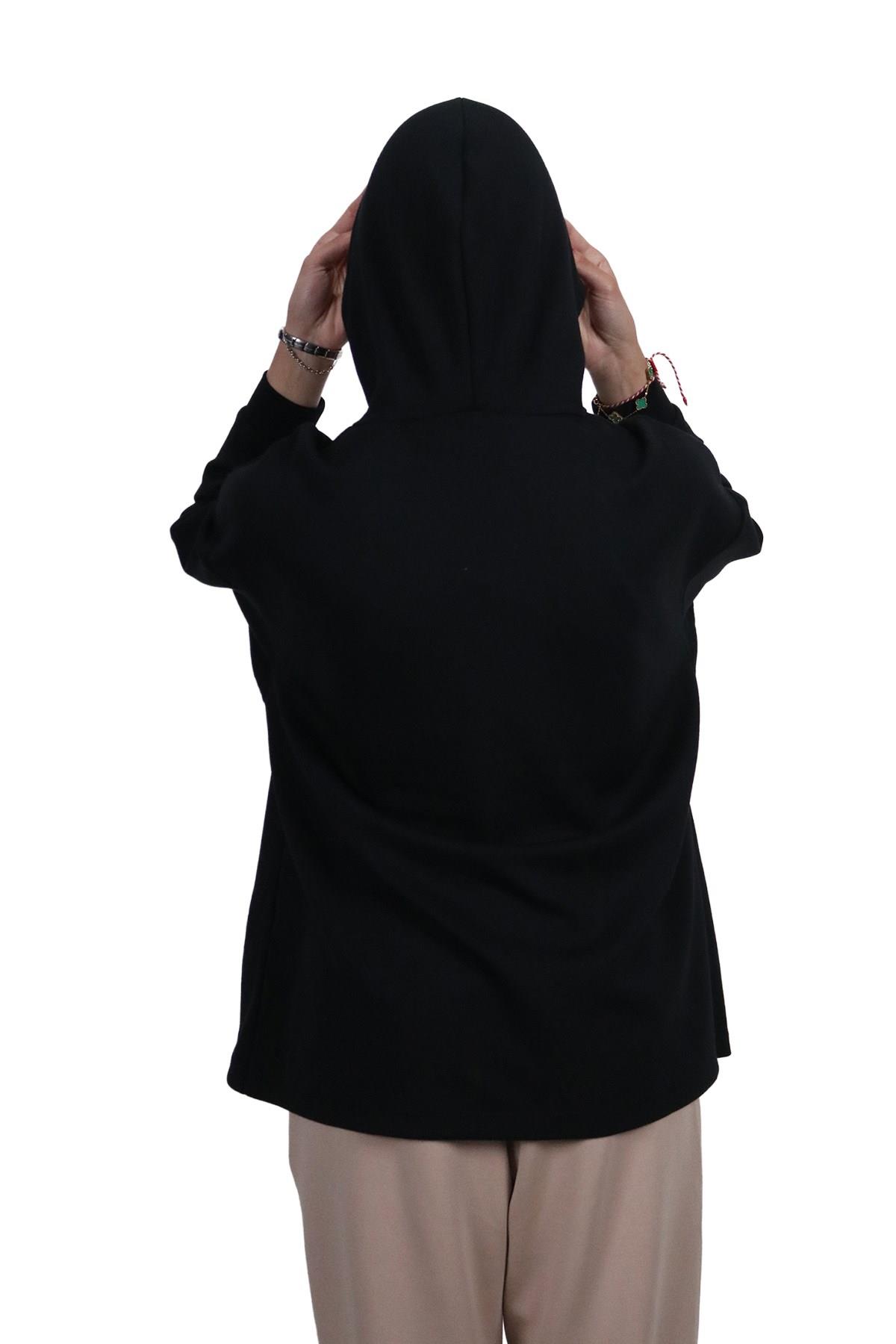 SweatshirtShinzoneKadın Yumuşak Dokulu Modal Kumaş Fermuar Cep Detaylı Rahat Kalıp Siyah Kapüşonlu Sweatshirt