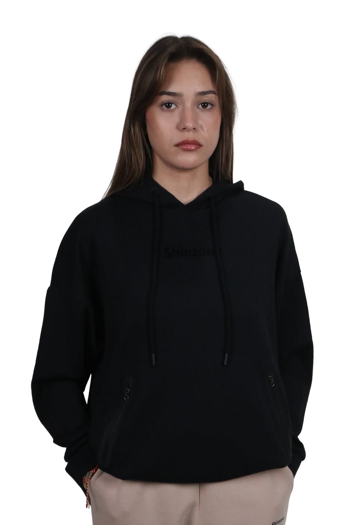 SweatshirtShinzoneKadın Yumuşak Dokulu Modal Kumaş Fermuar Cep Detaylı Rahat Kalıp Siyah Kapüşonlu Sweatshirt