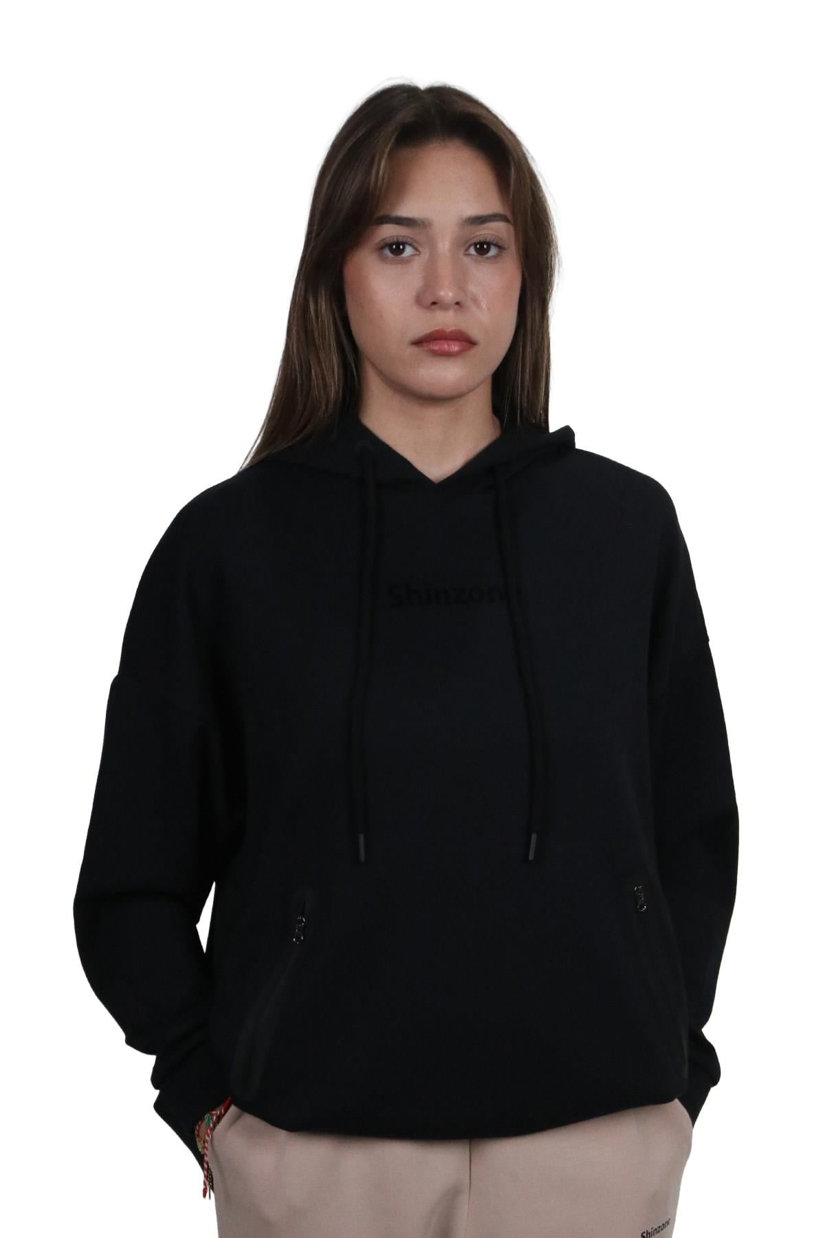 SweatshirtShinzoneKadın Yumuşak Dokulu Modal Kumaş Fermuar Cep Detaylı Rahat Kalıp Siyah Kapüşonlu Sweatshirt