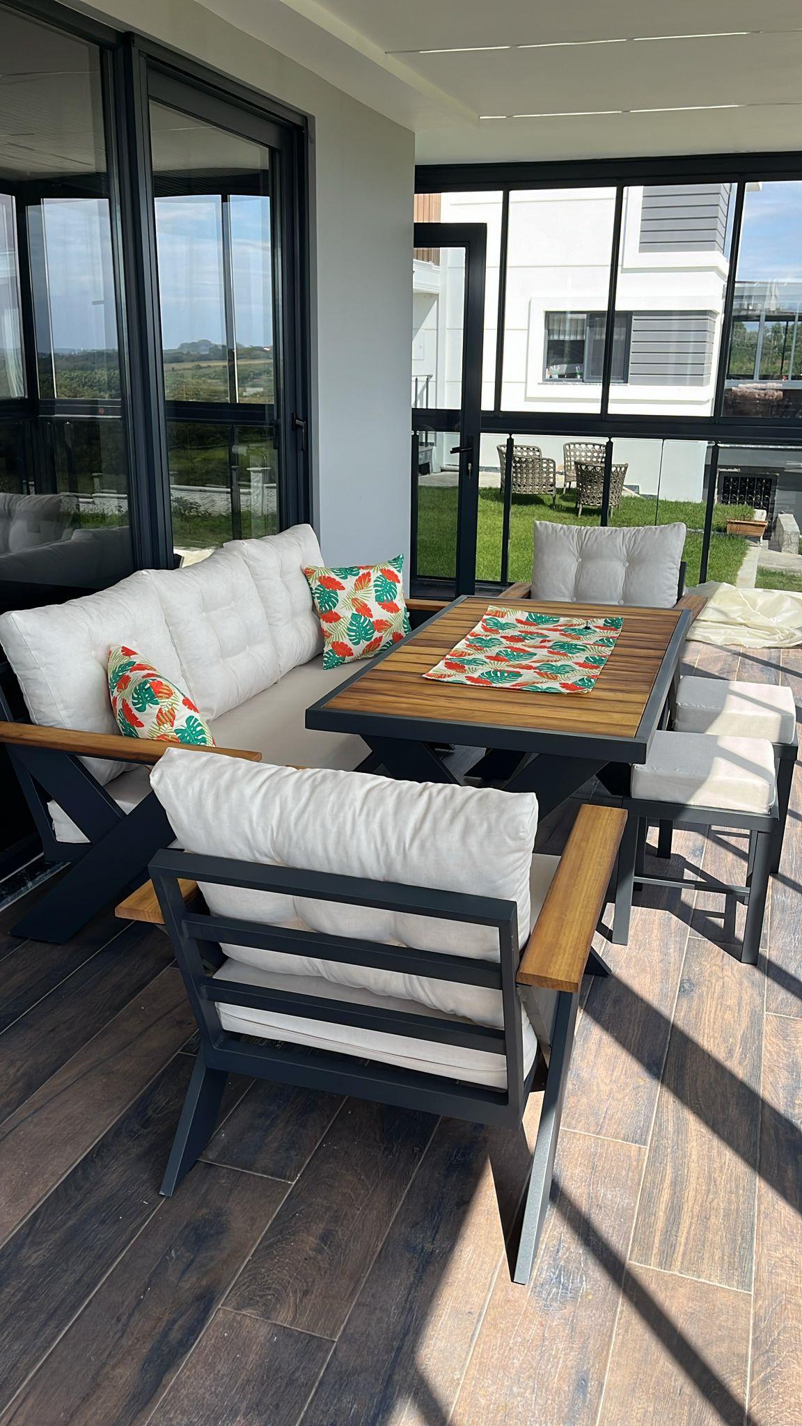 Best Garden Alüminyum Paslanmaz Bahçe Koltuk Takım Krem 3+1+1+ Masa+Puf