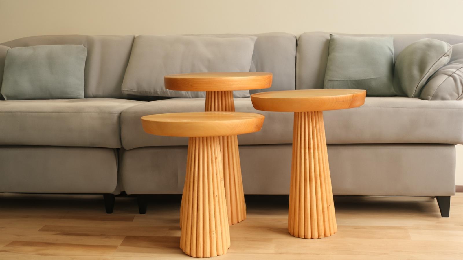 Best Garden Doğal Çizgili Mantar Orta Sehpa Takımı 3'lü