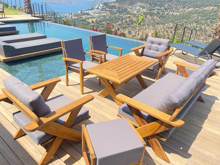 Best Garden Kestane Ahşap Bahçe Koltuk Takım Krem 3+1+1+ Masa+ 2 Adet Puf