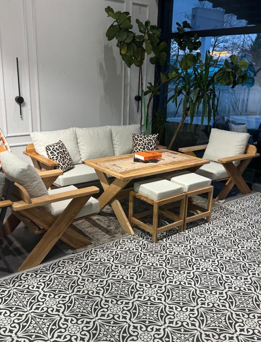 Best Garden Kestane Ahşap Bahçe Koltuk Takım Krem 3+1+1+ Masa+ 2 Adet Puf