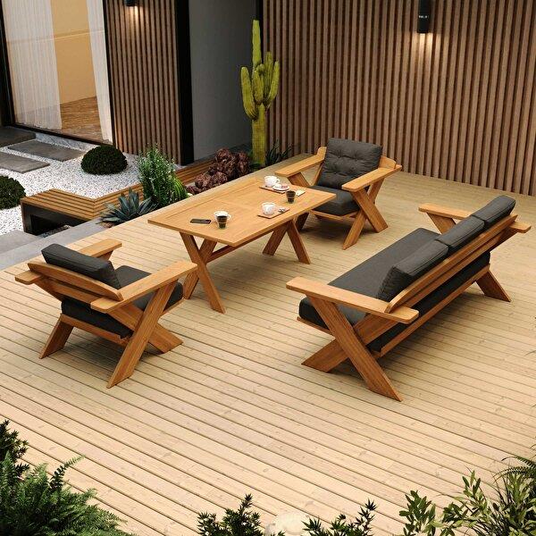 Best Garden Kestane Ahşap Bahçe Koltuk Takım Krem 3+1+1+ Masa+ 2 Adet Puf